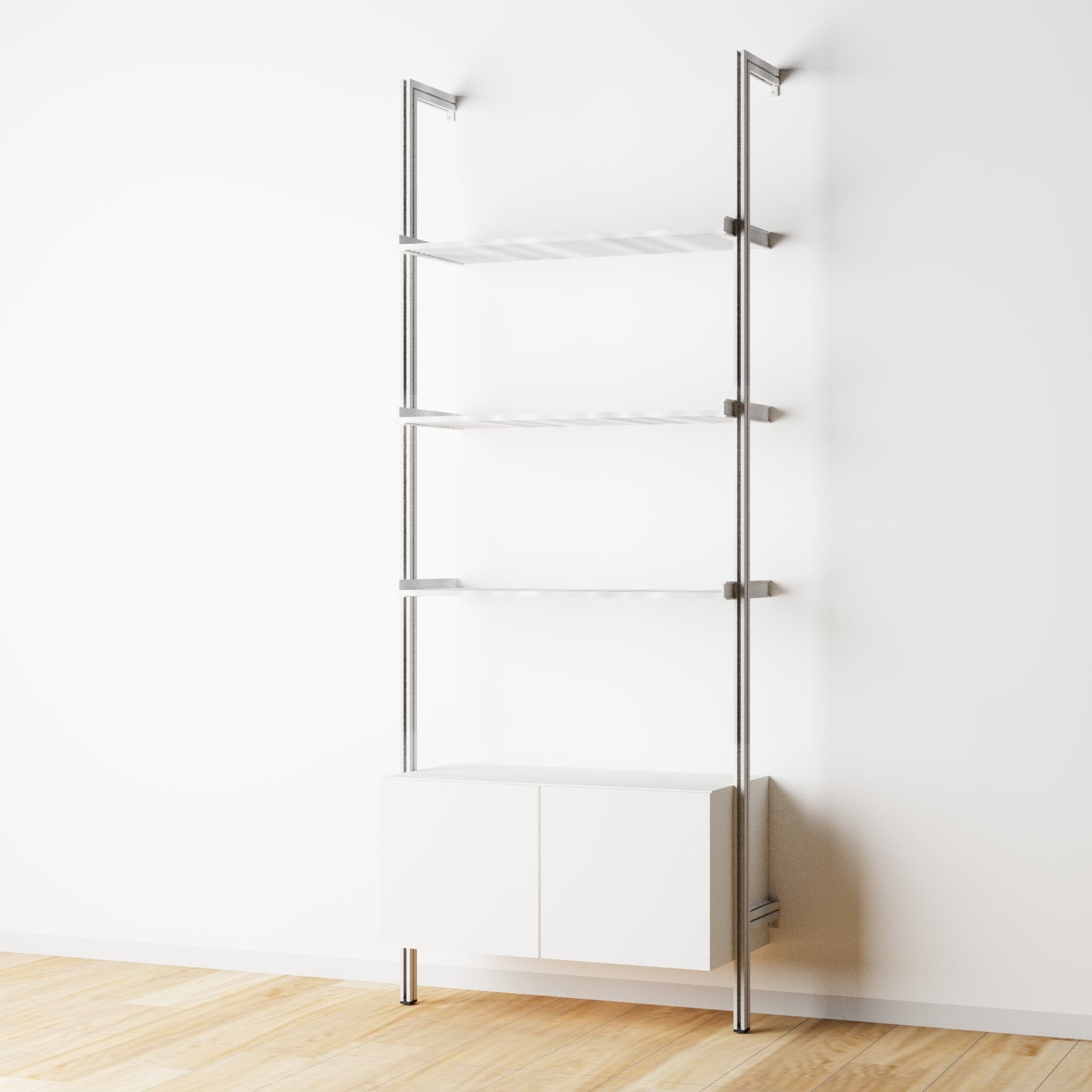 Modular Shelving Units - Aluminum Shelves + Wood Cabinets