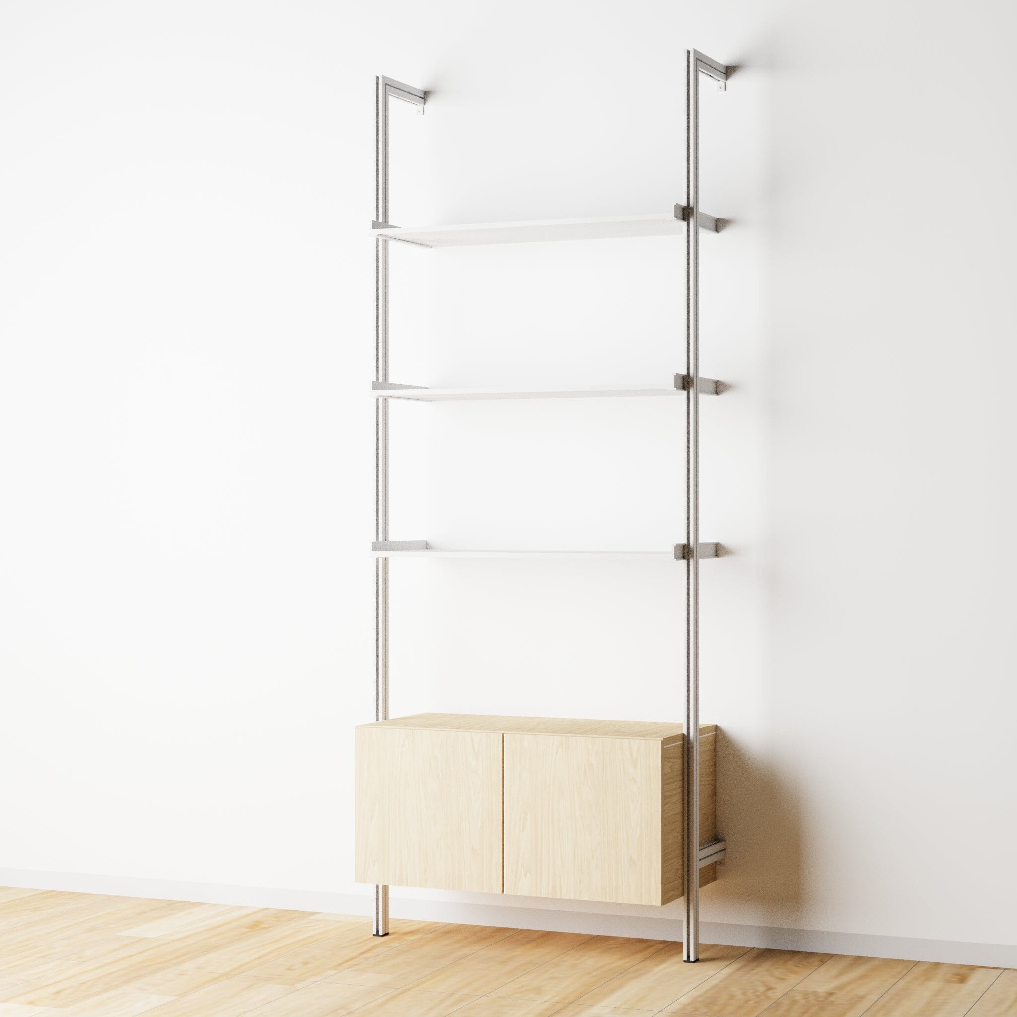 Modular Shelving Units - Aluminum Shelves + Wood Cabinets