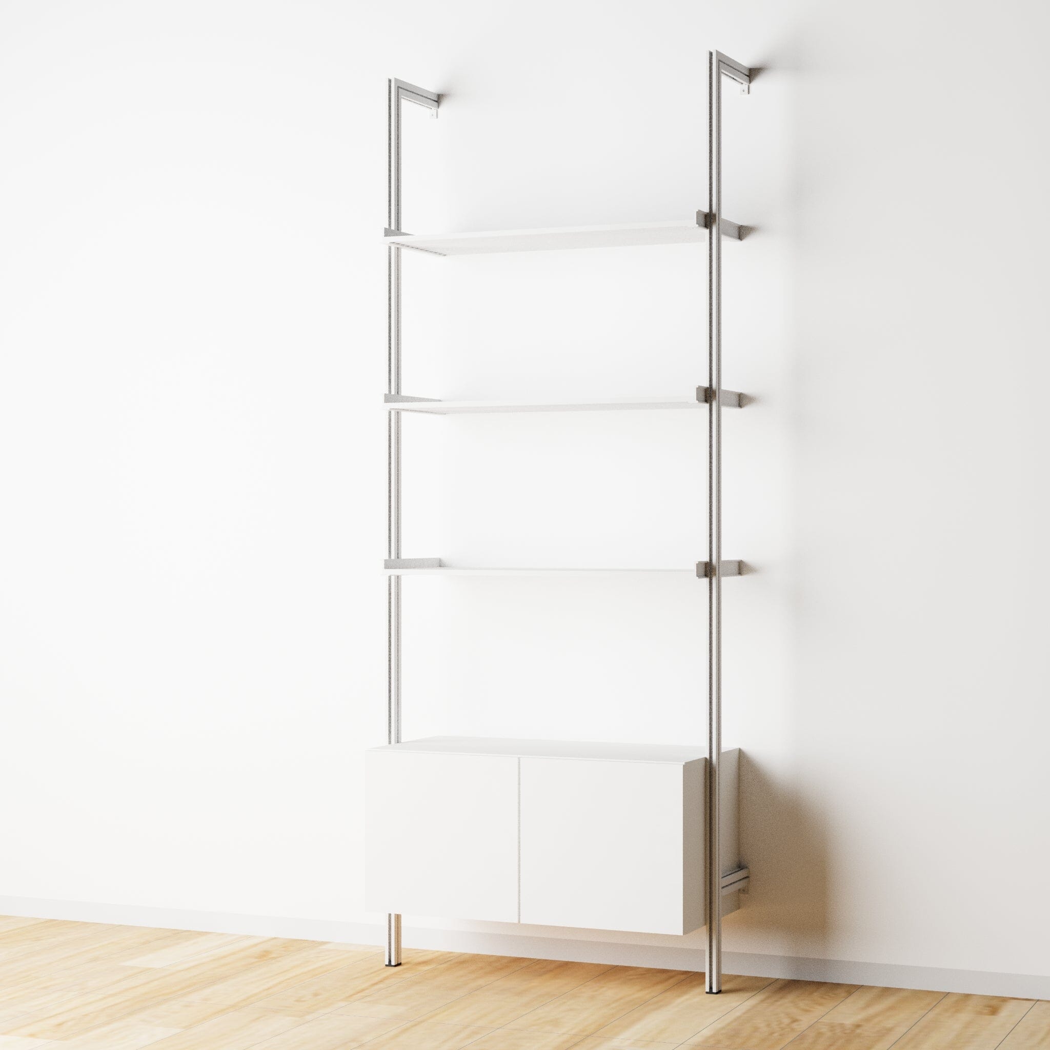 Modular Shelving Units - Aluminum Shelves + Wood Cabinets