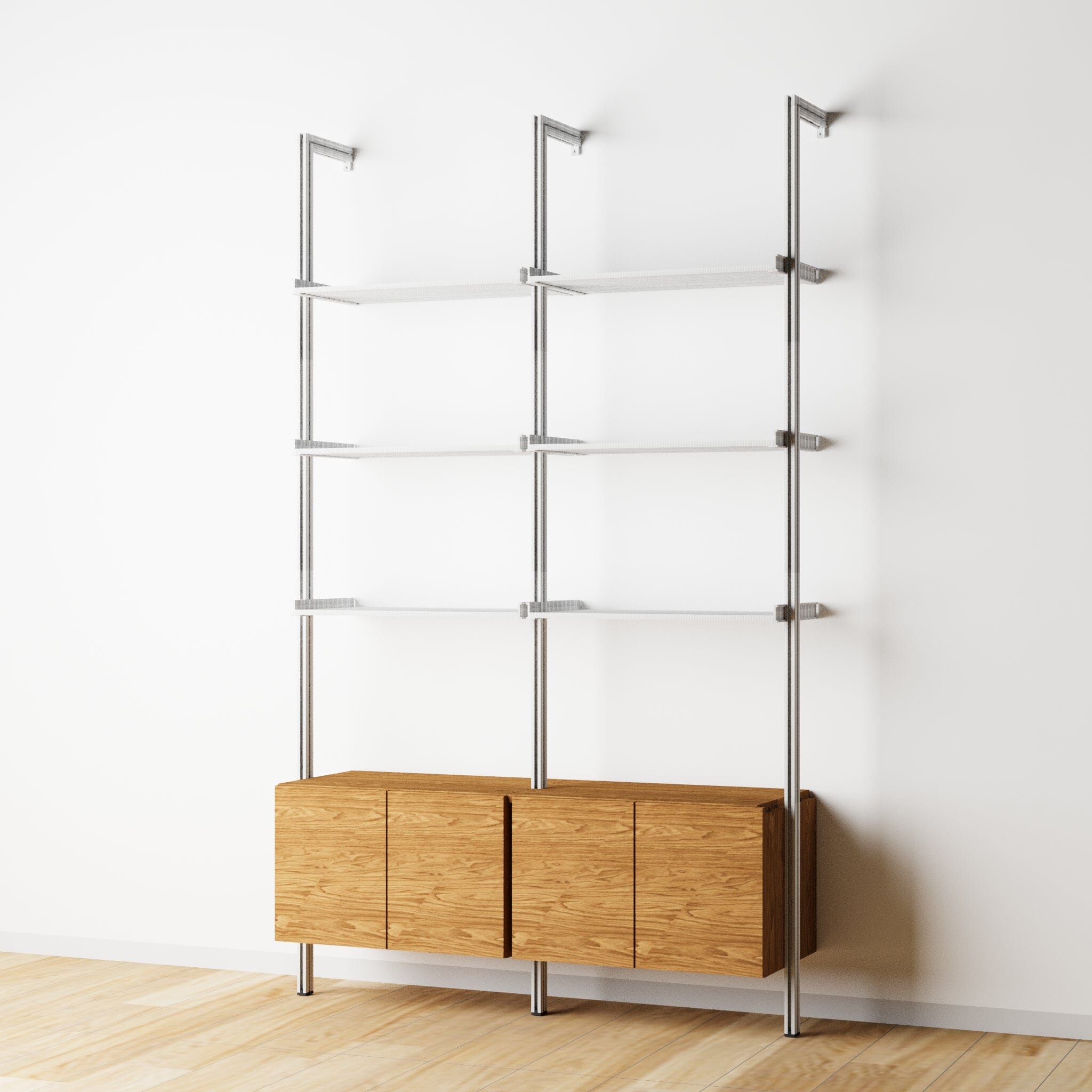 Modular Shelving Units - Aluminum Shelves + Wood Cabinets