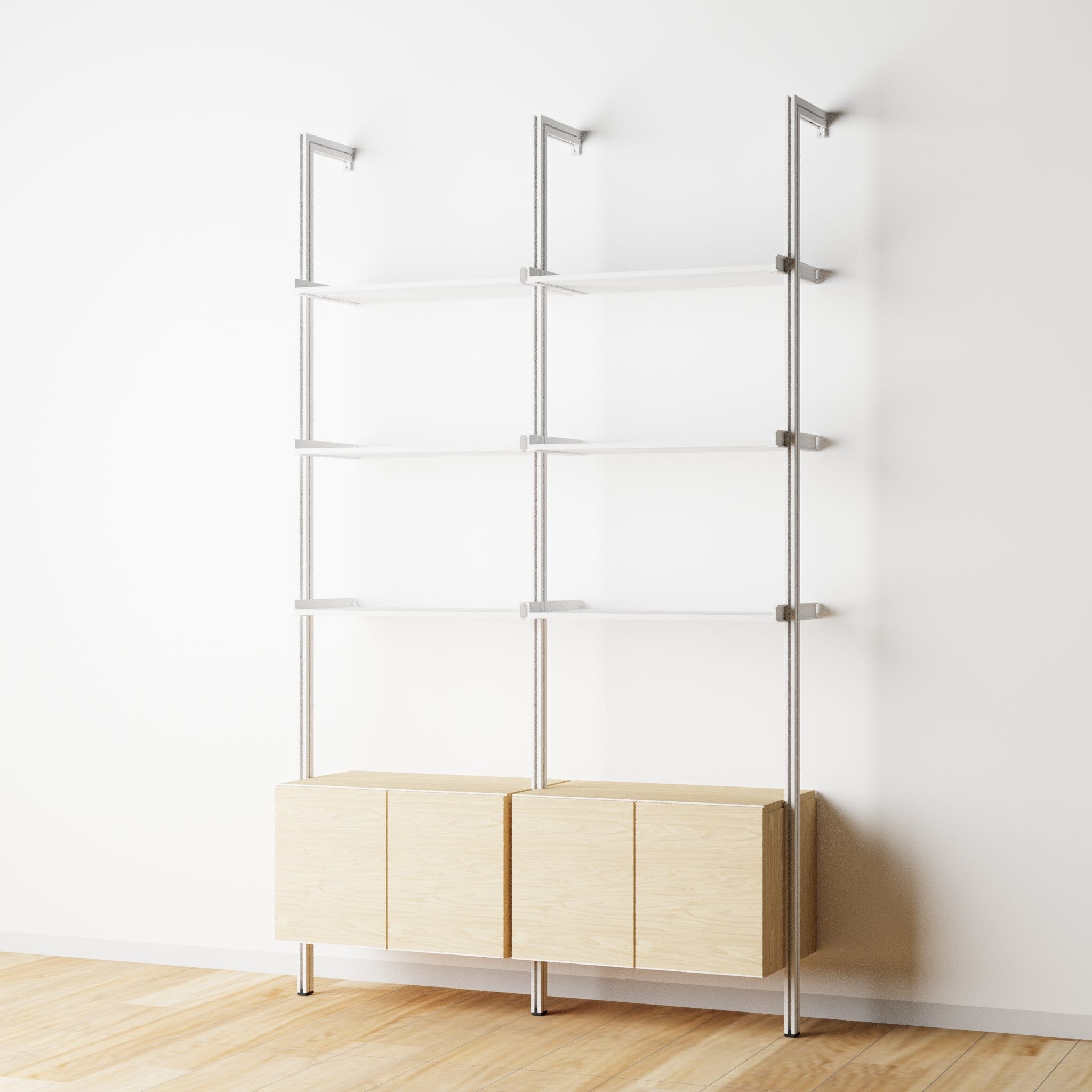 Modular Shelving Units - Aluminum Shelves + Wood Cabinets