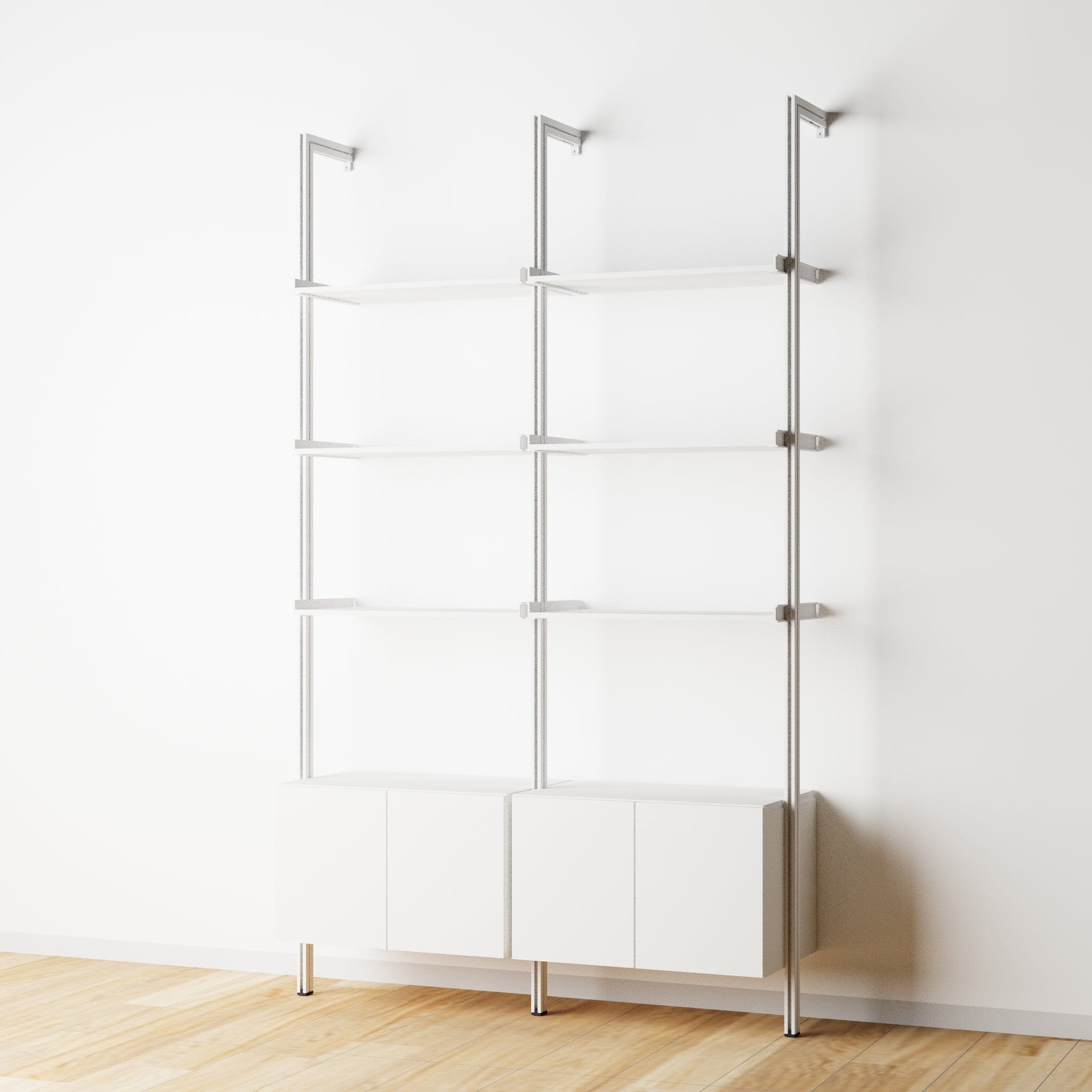 Modular Shelving Units - Aluminum Shelves + Wood Cabinets