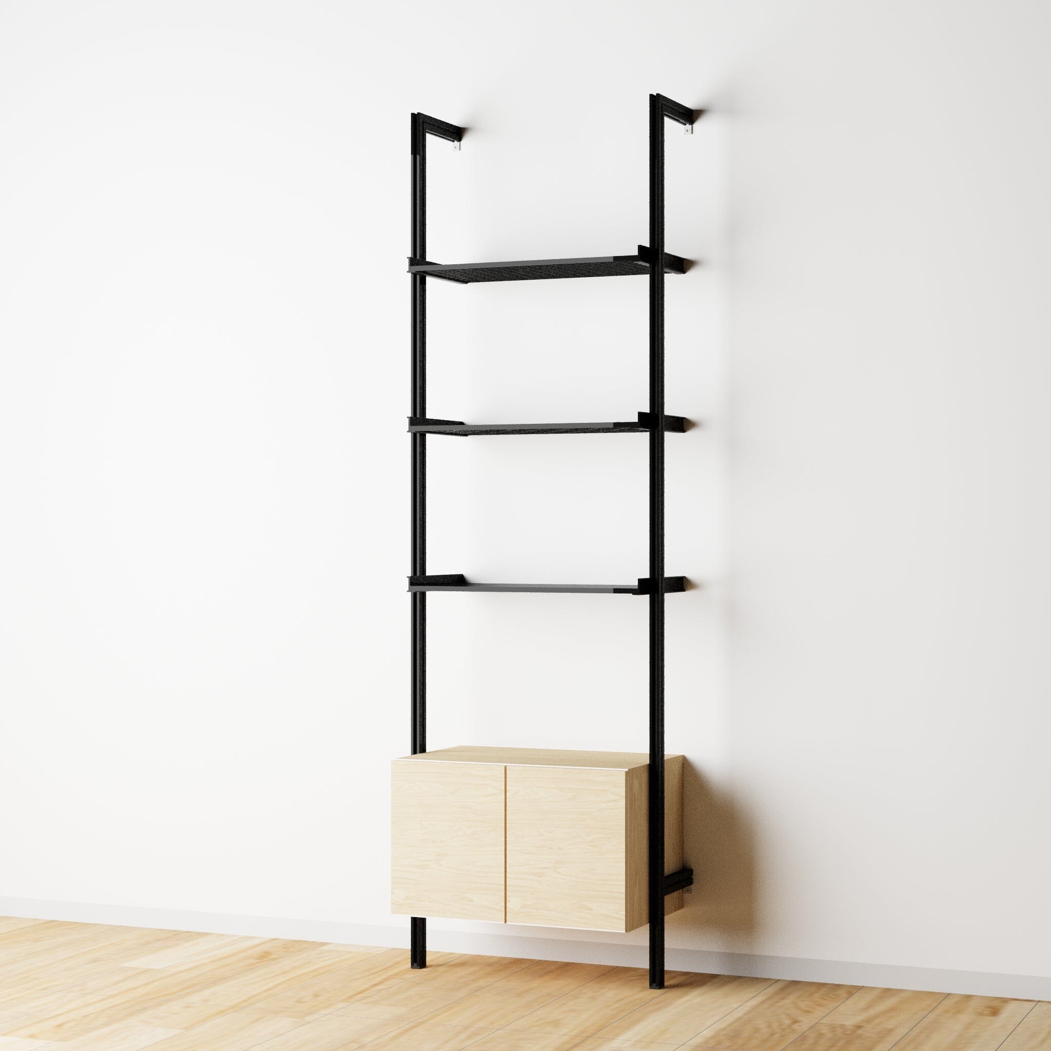 Modular Shelving Units - Aluminum Shelves + Wood Cabinets