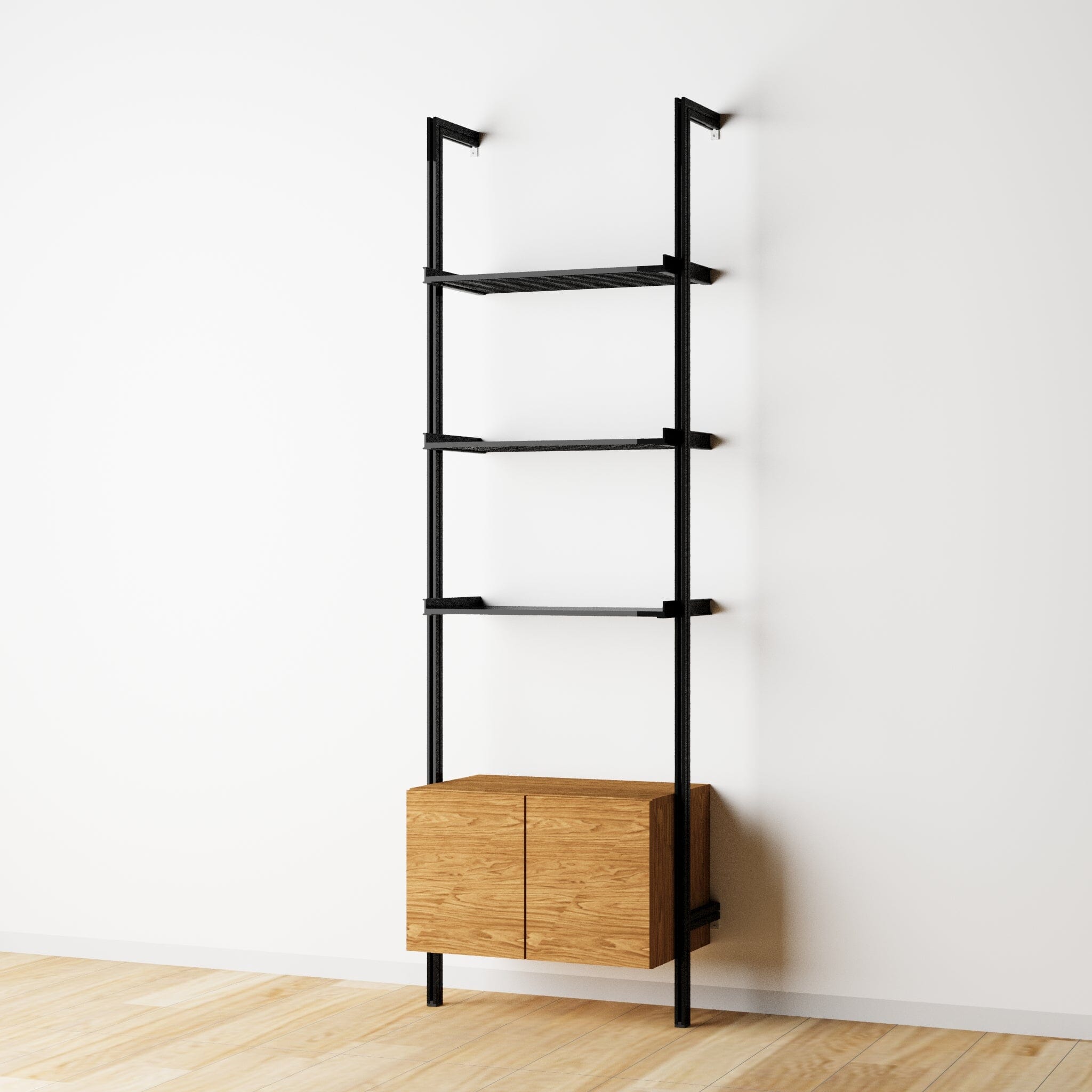 Modular Shelving Units - Aluminum Shelves + Wood Cabinets