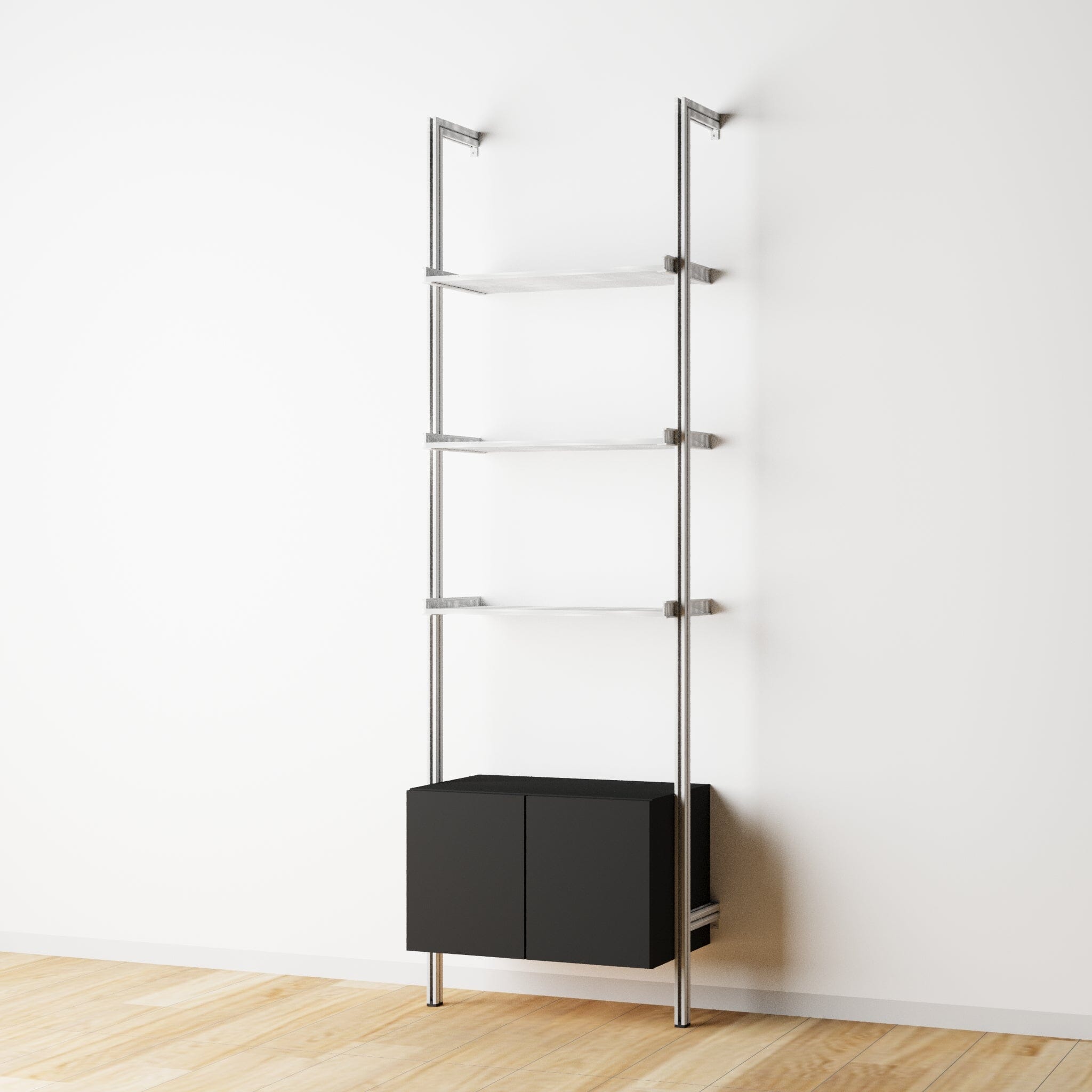 Modular Shelving Units - Aluminum Shelves + Wood Cabinets