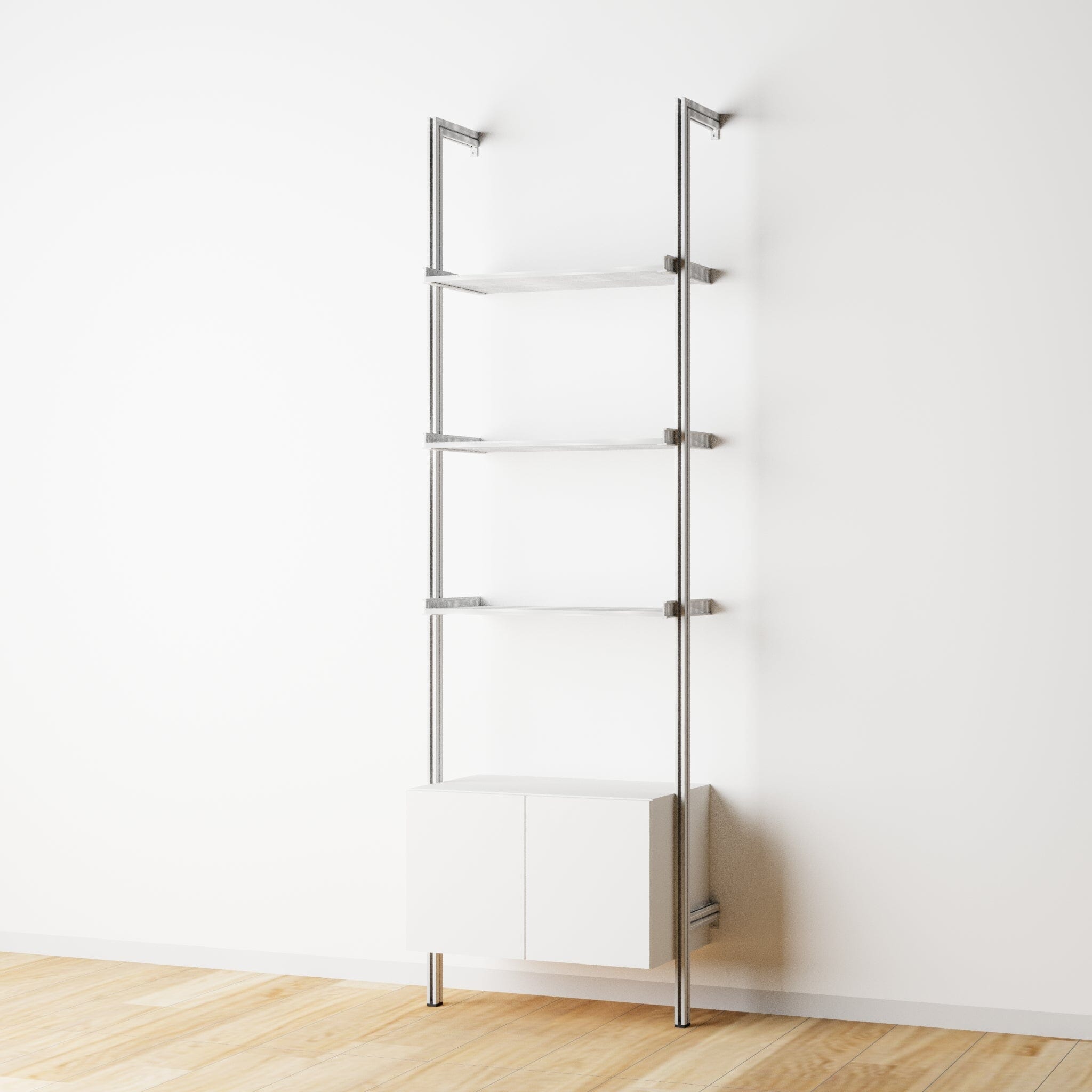 Modular Shelving Units - Aluminum Shelves + Wood Cabinets