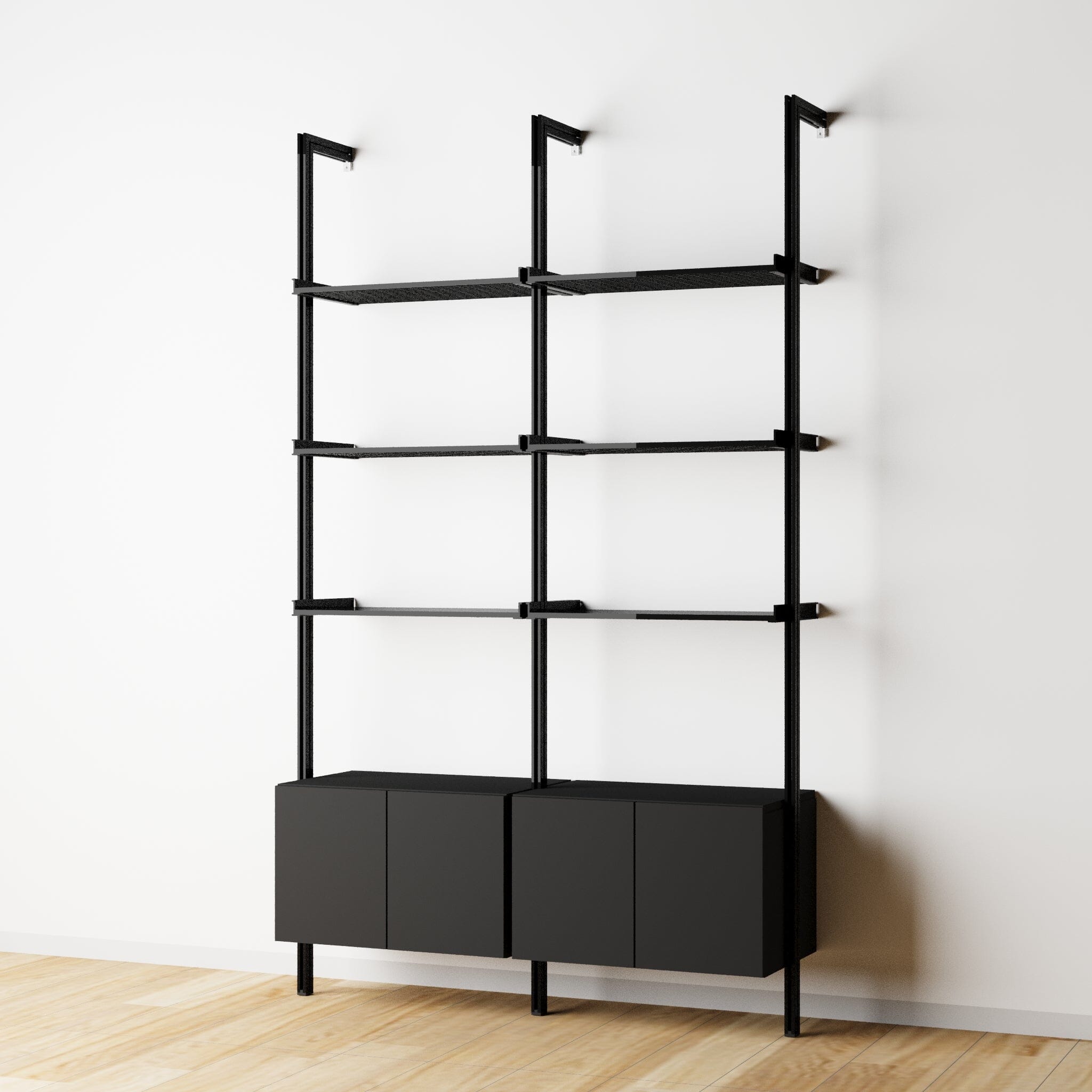 Modular Shelving Units - Aluminum Shelves + Wood Cabinets