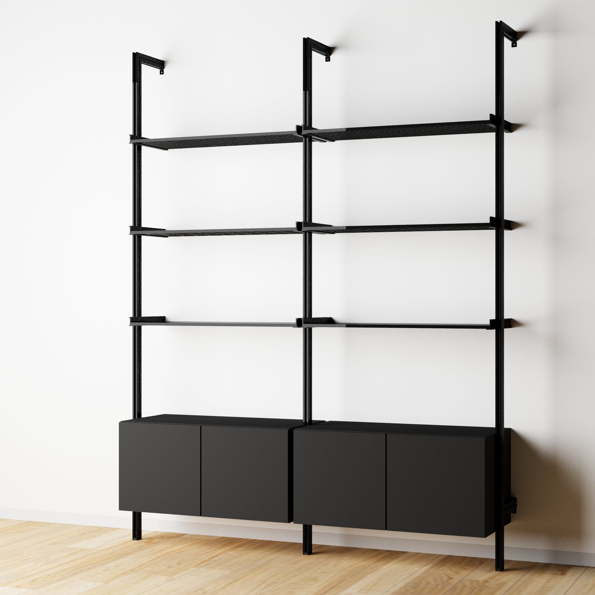 Modular Shelving Units - Aluminum Shelves + Wood Cabinets