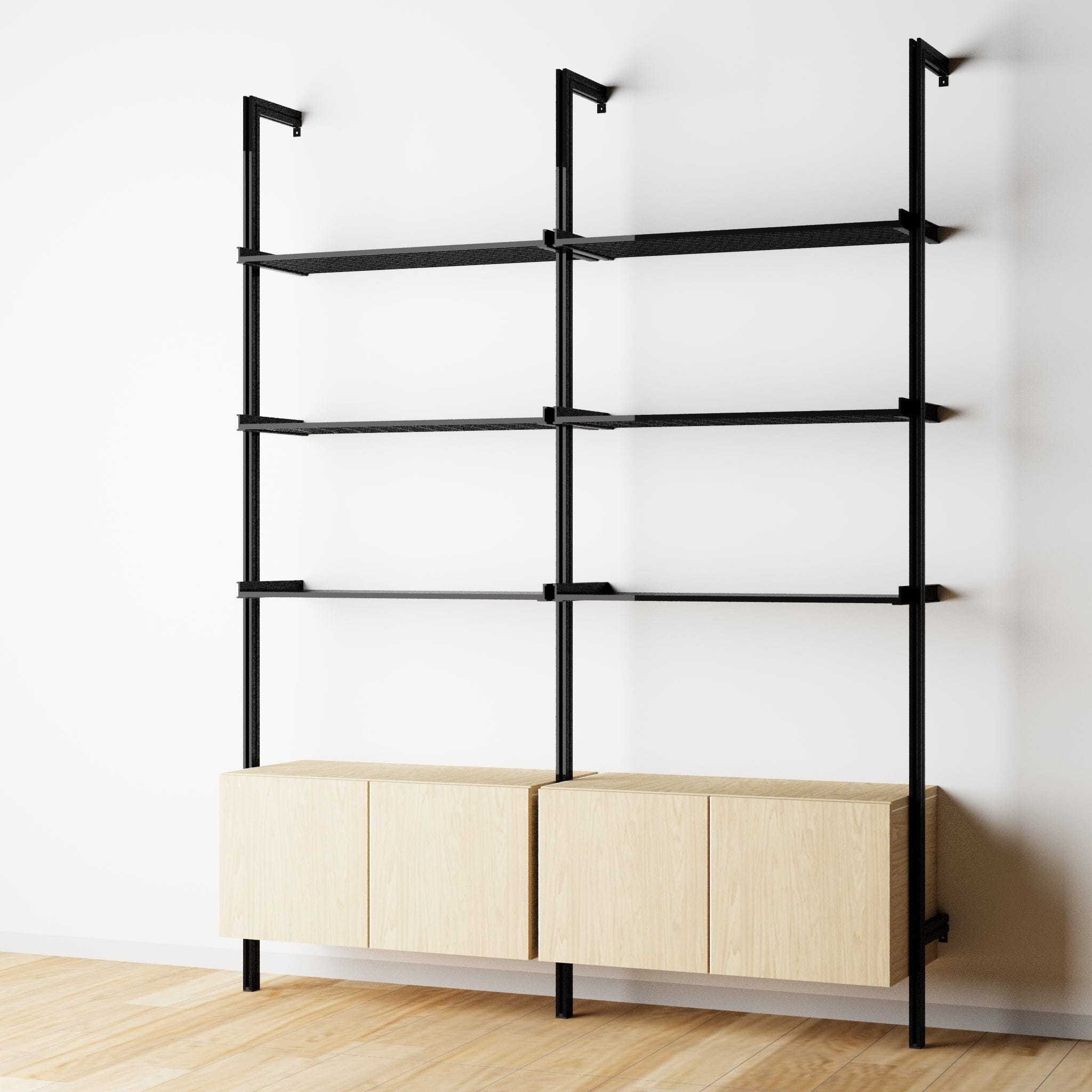 Modular Shelving Units - Aluminum Shelves + Wood Cabinets