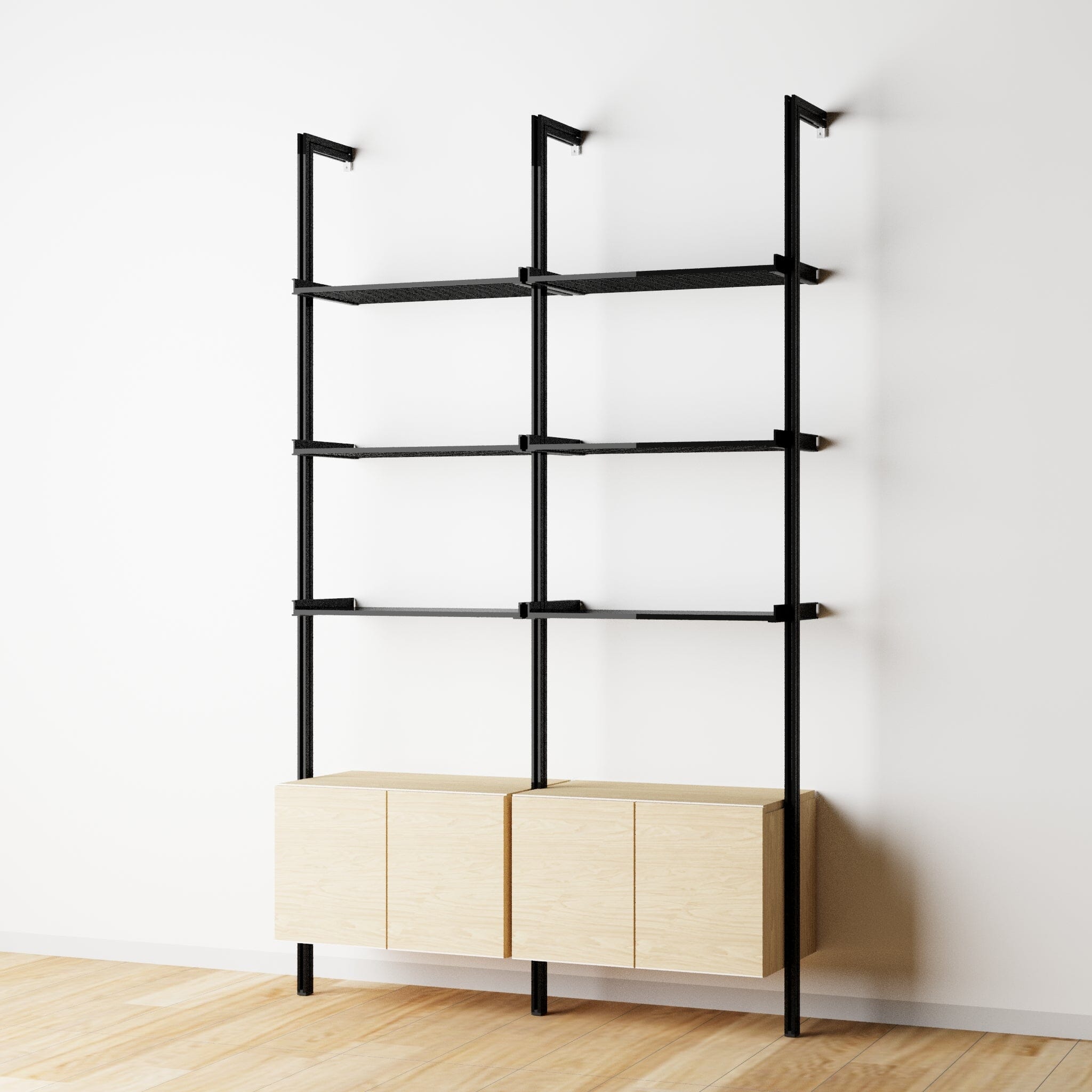 Modular Shelving Units - Aluminum Shelves + Wood Cabinets