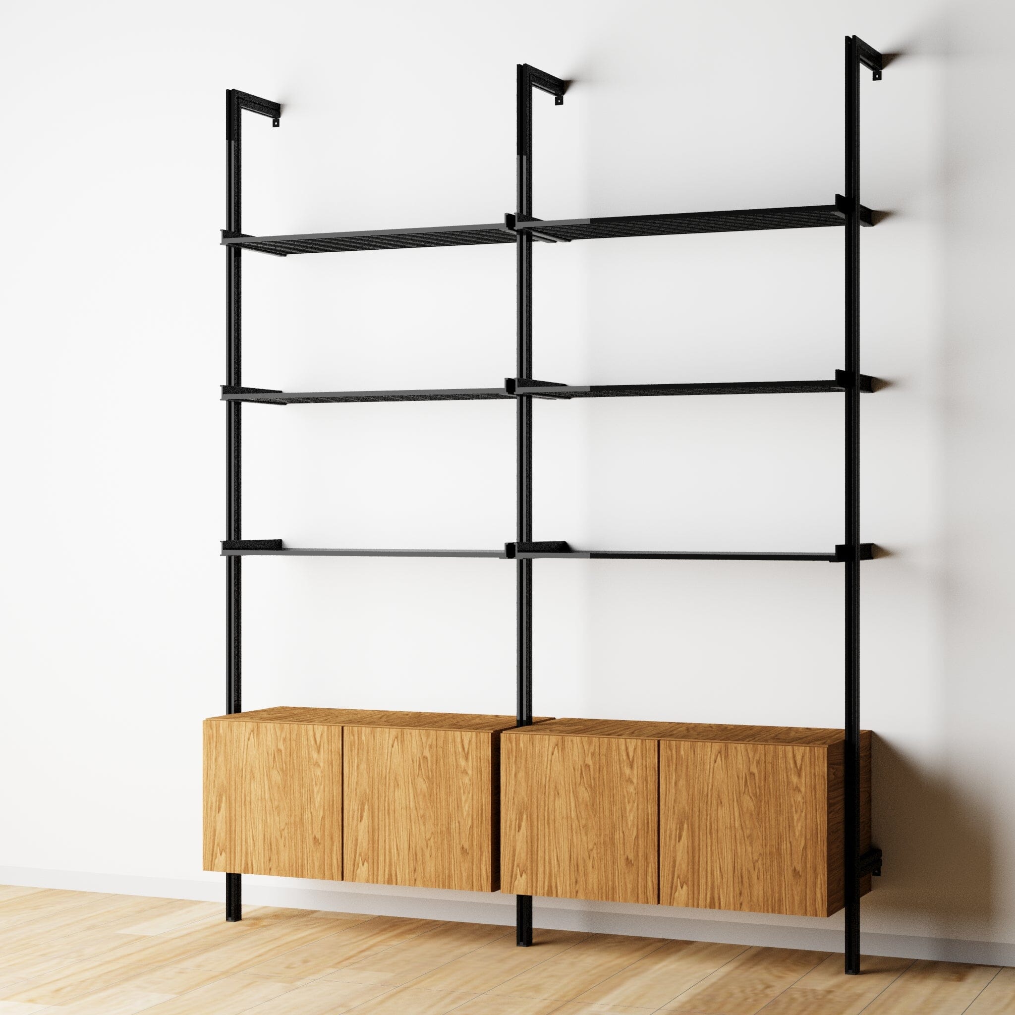 Modular Shelving Units - Aluminum Shelves + Wood Cabinets