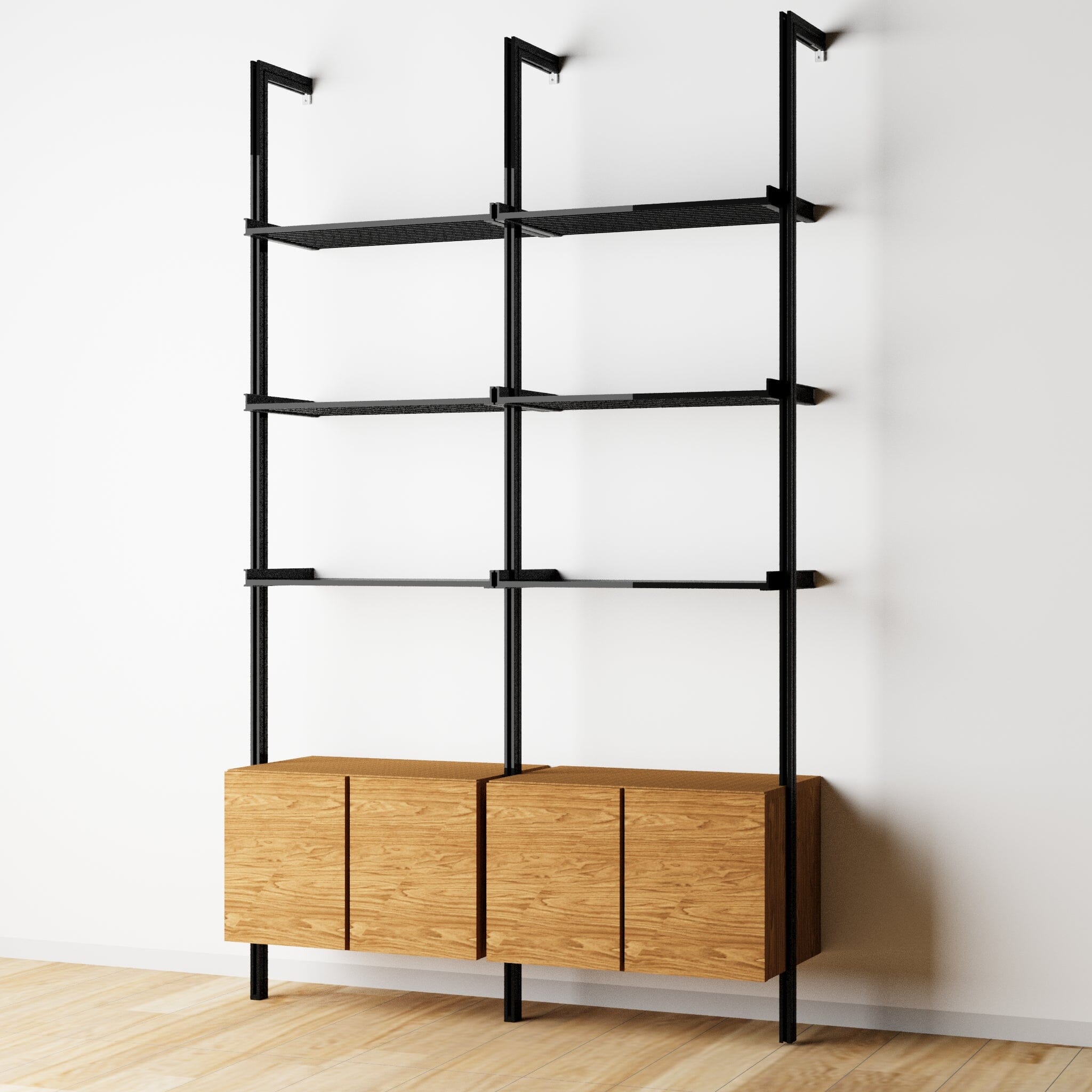 Modular Shelving Units - Aluminum Shelves + Wood Cabinets