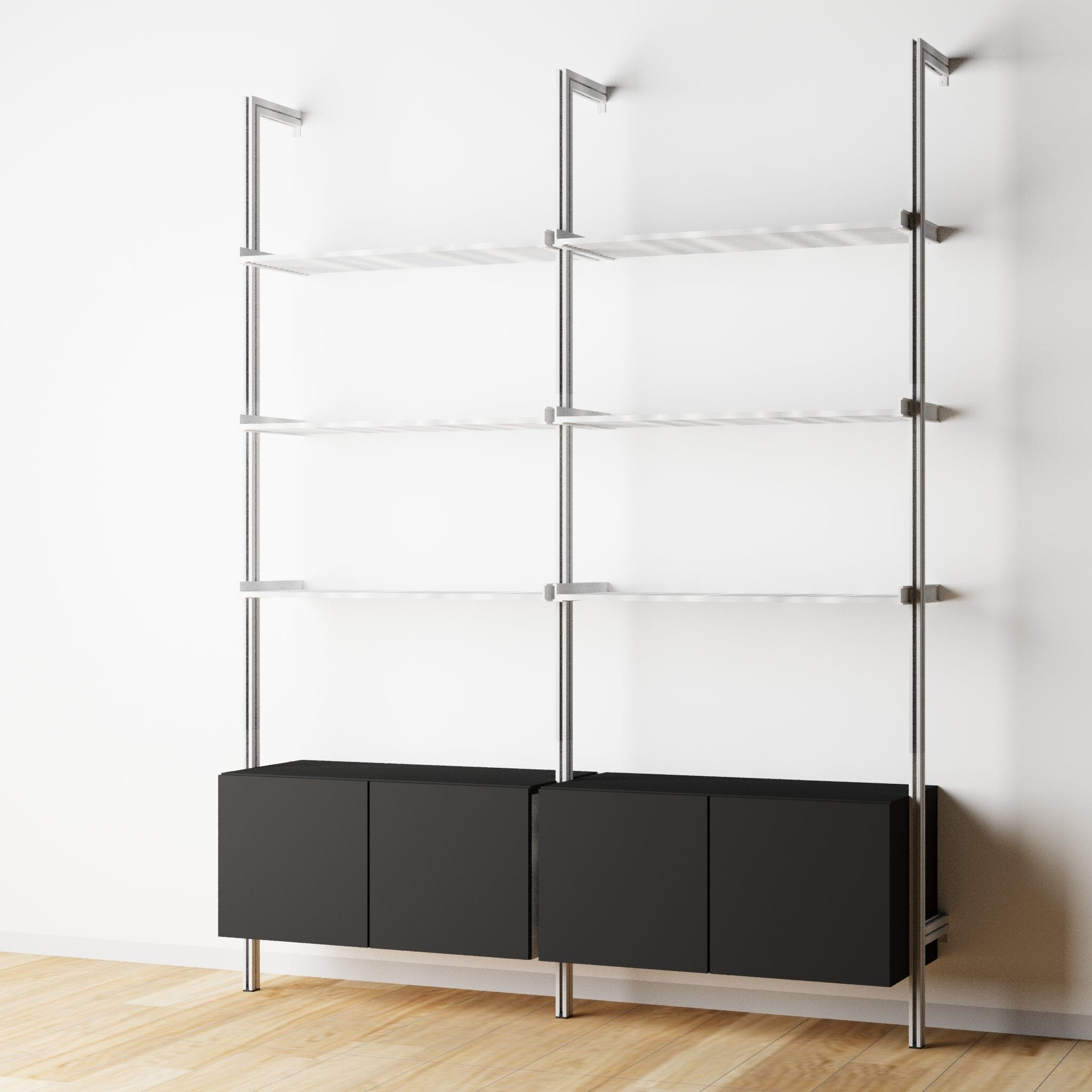 Modular Shelving Units - Aluminum Shelves + Wood Cabinets