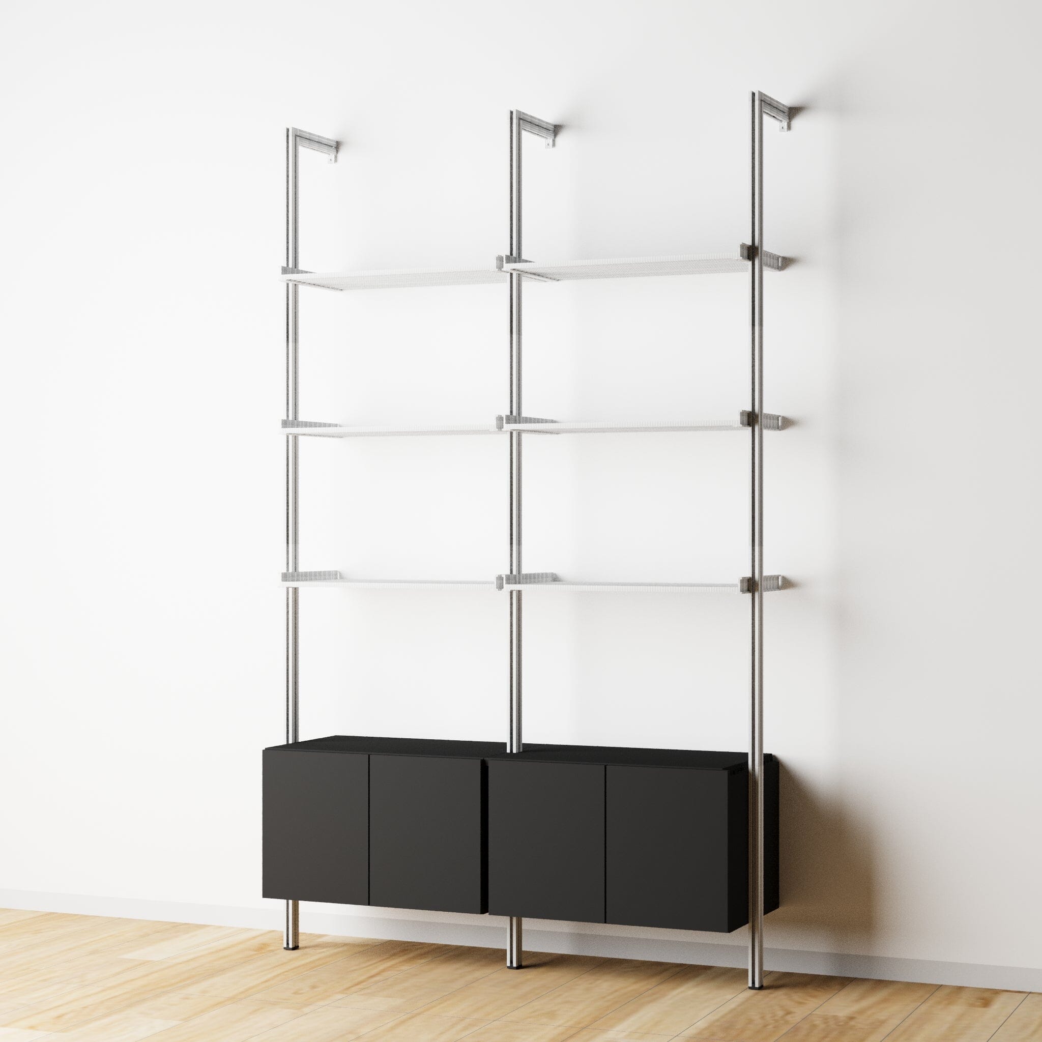 Modular Shelving Units - Aluminum Shelves + Wood Cabinets