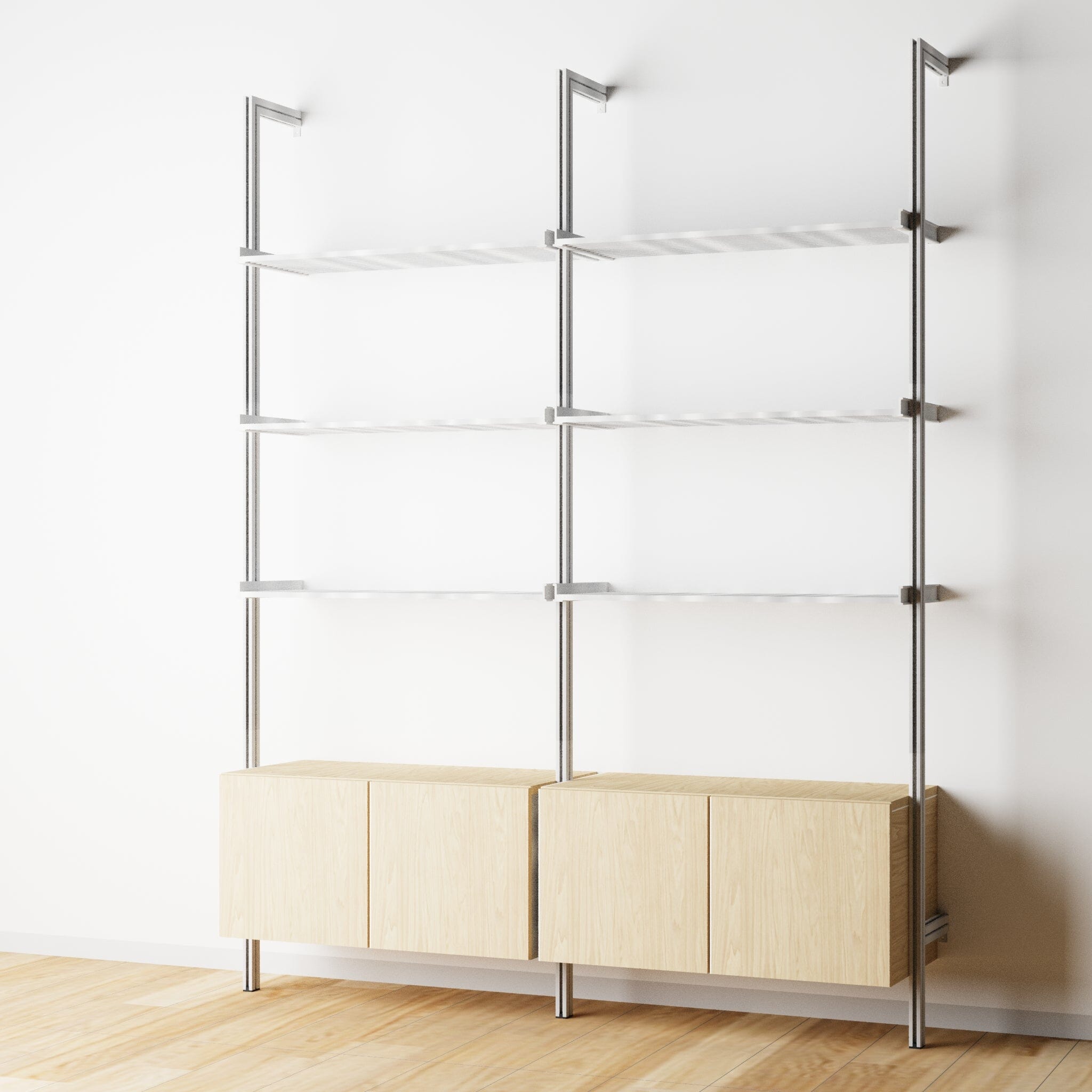 Modular Shelving Units - Aluminum Shelves + Wood Cabinets