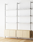 Modular Shelving Units - Aluminum Shelves + Wood Cabinets