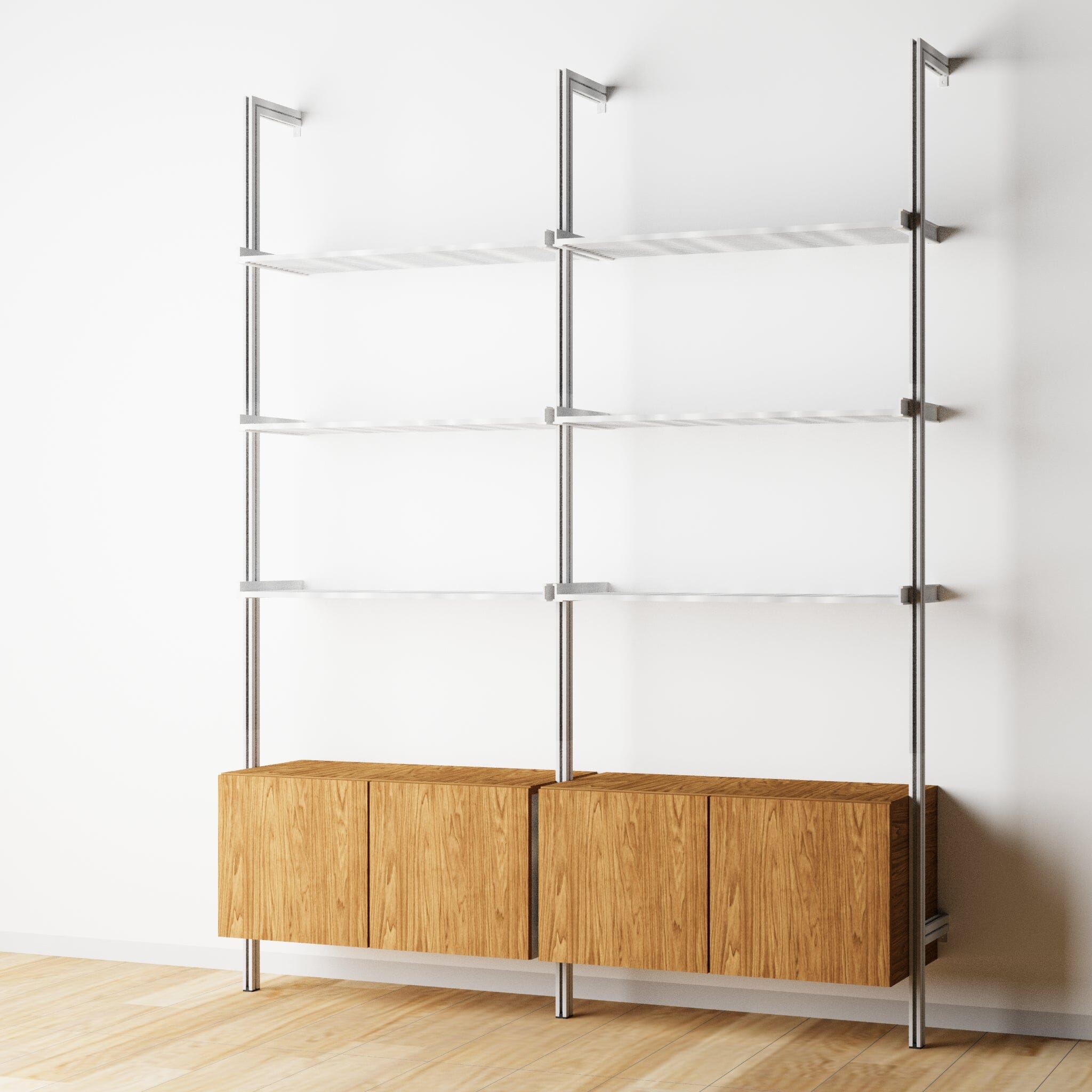 Modular Shelving Units - Aluminum Shelves + Wood Cabinets