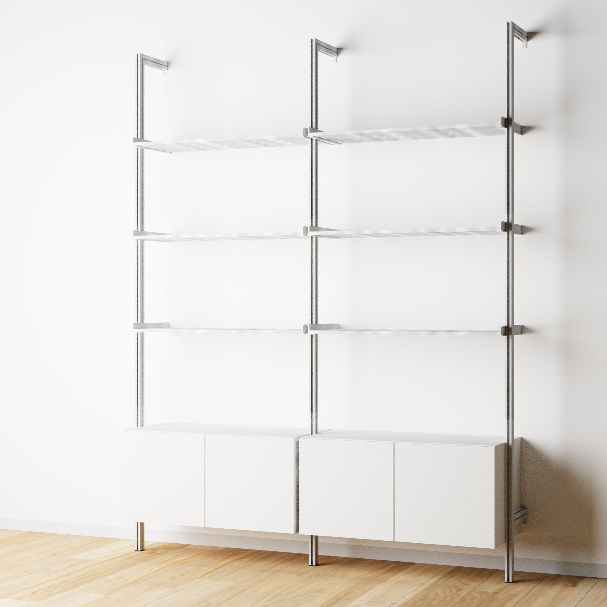 Modular Shelving Units - Aluminum Shelves + Wood Cabinets