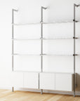 Modular Shelving Units - Aluminum Shelves + Wood Cabinets