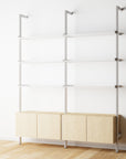 Modular Shelving Units - Aluminum Shelves + Wood Cabinets
