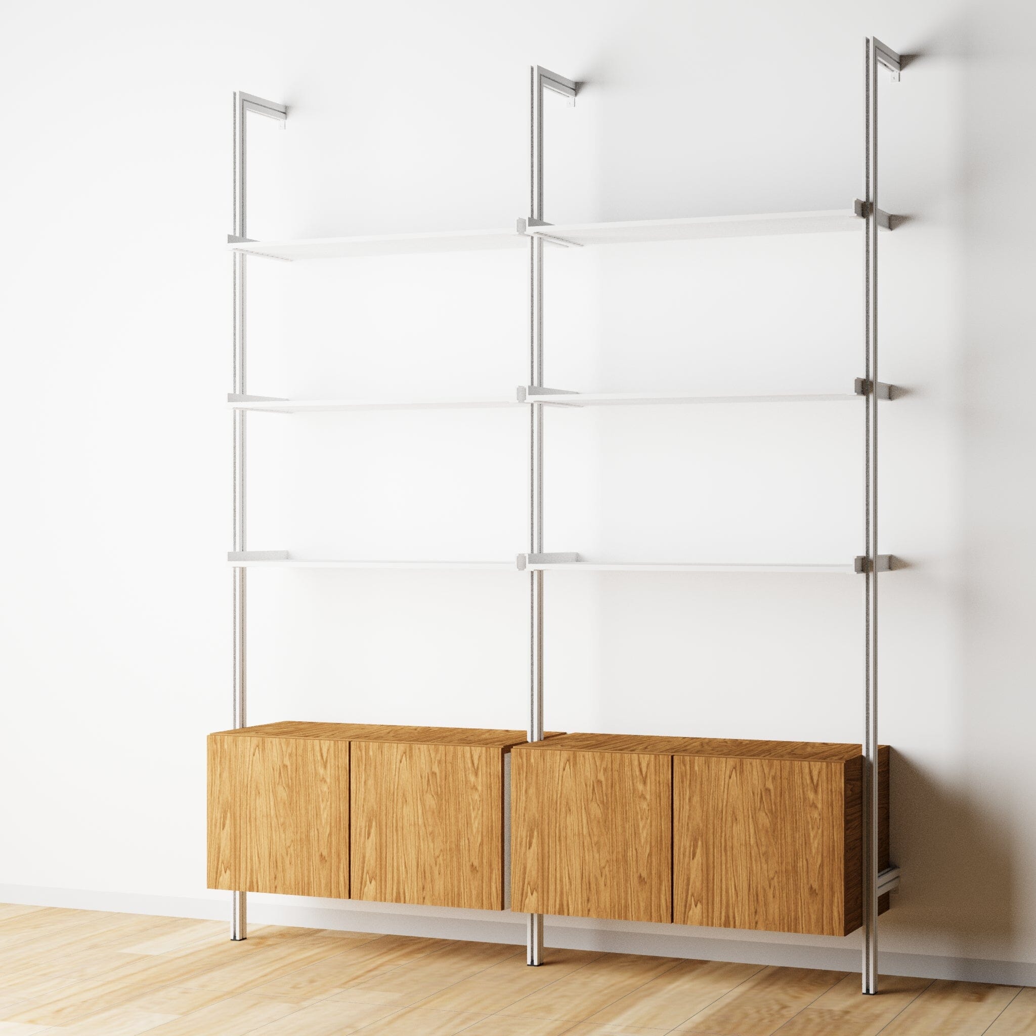 Modular Shelving Units - Aluminum Shelves + Wood Cabinets