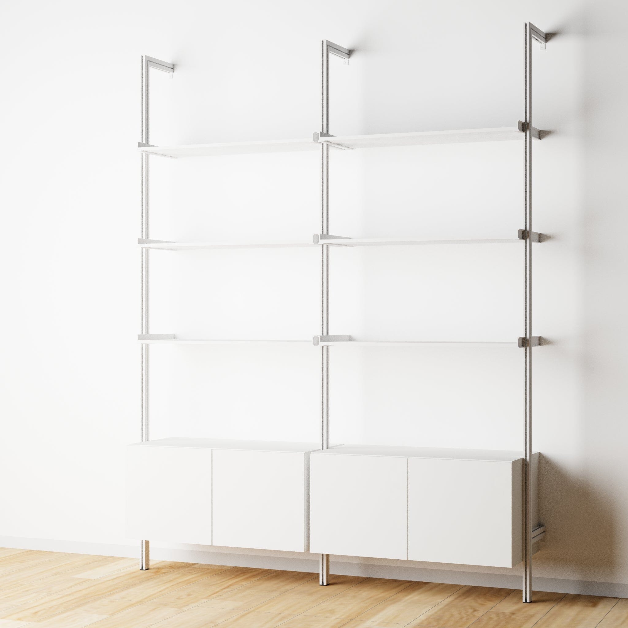 Modular Shelving Units - Aluminum Shelves + Wood Cabinets