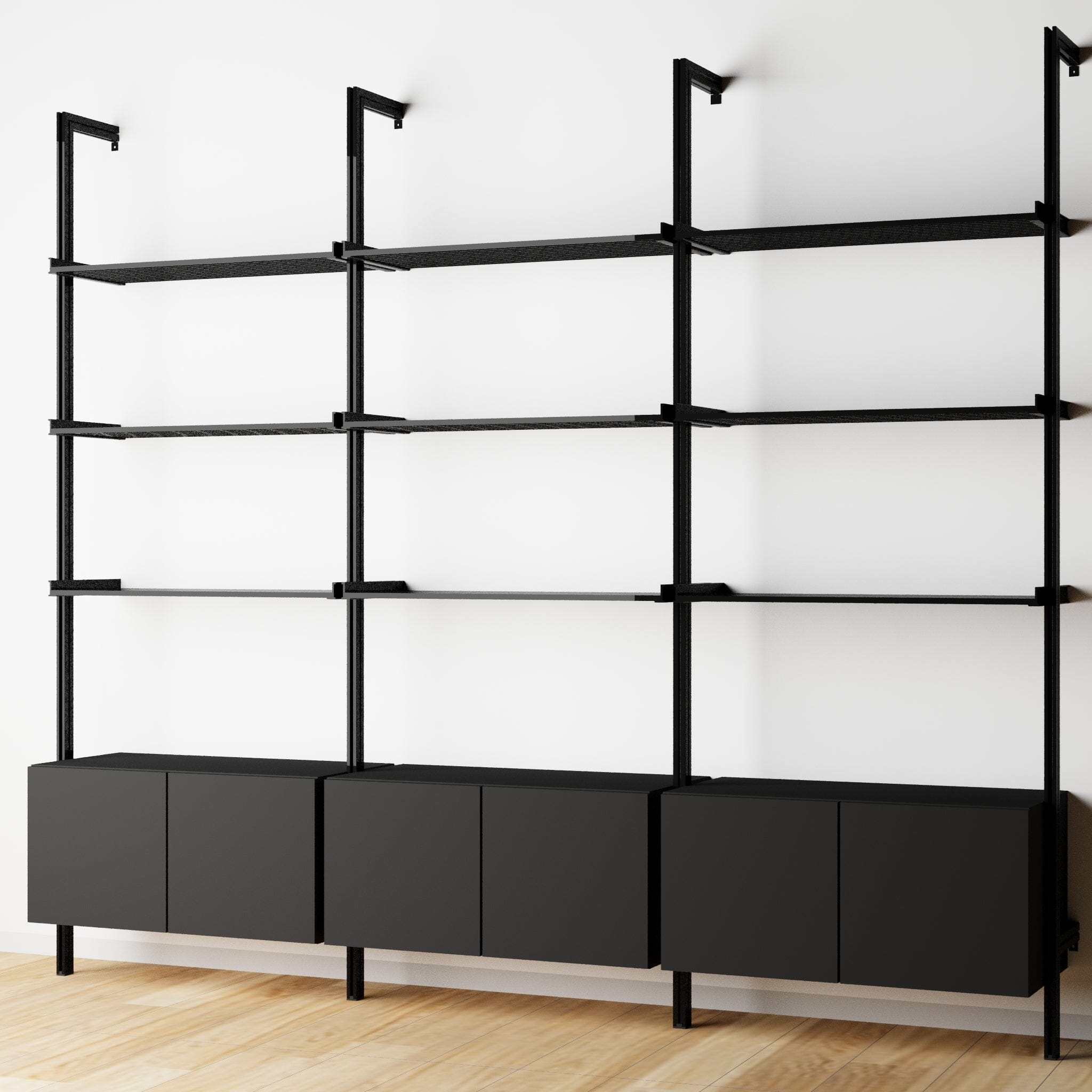 Modular Shelving Units - Aluminum Shelves + Wood Cabinets