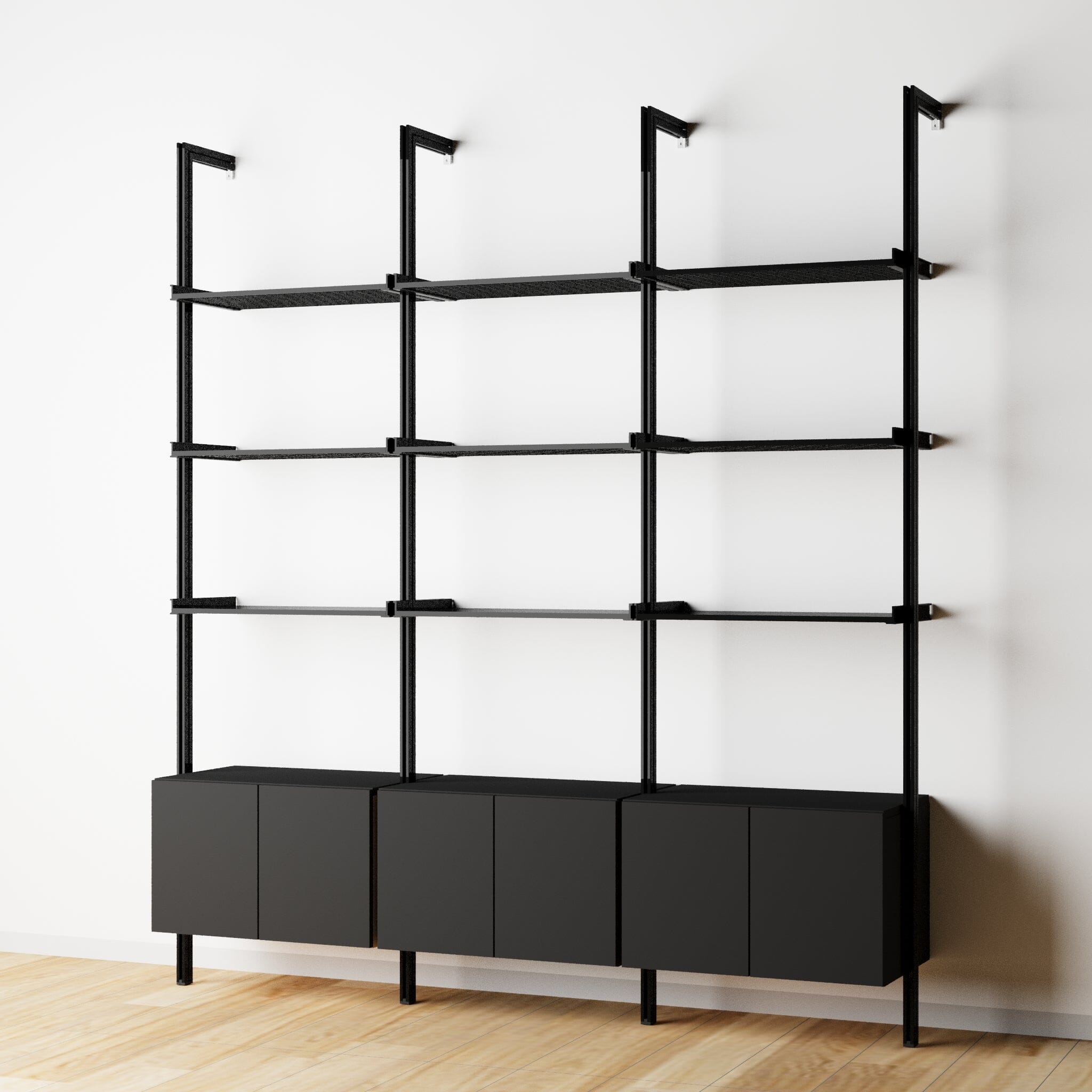 Modular Shelving Units - Aluminum Shelves + Wood Cabinets