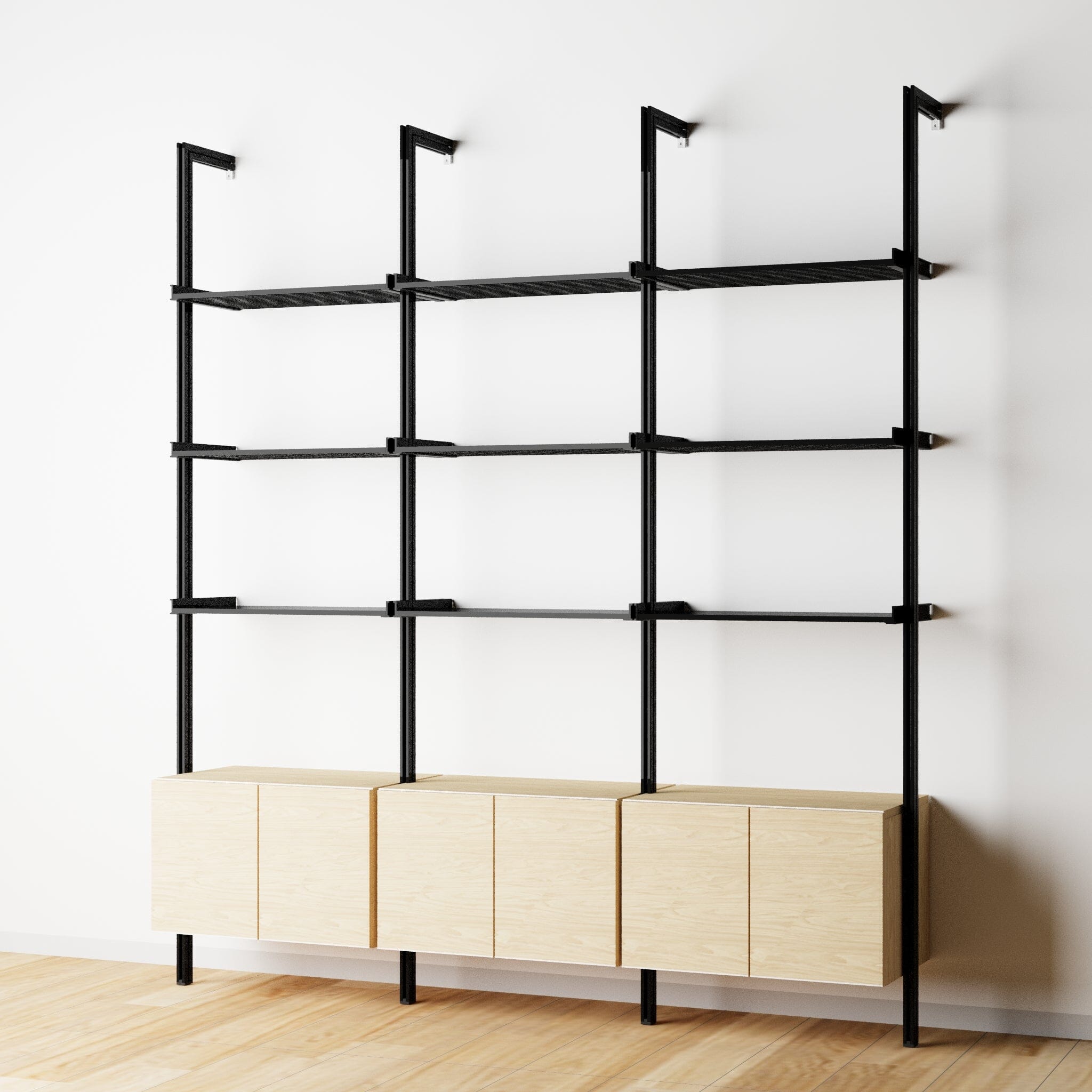 Modular Shelving Units - Aluminum Shelves + Wood Cabinets