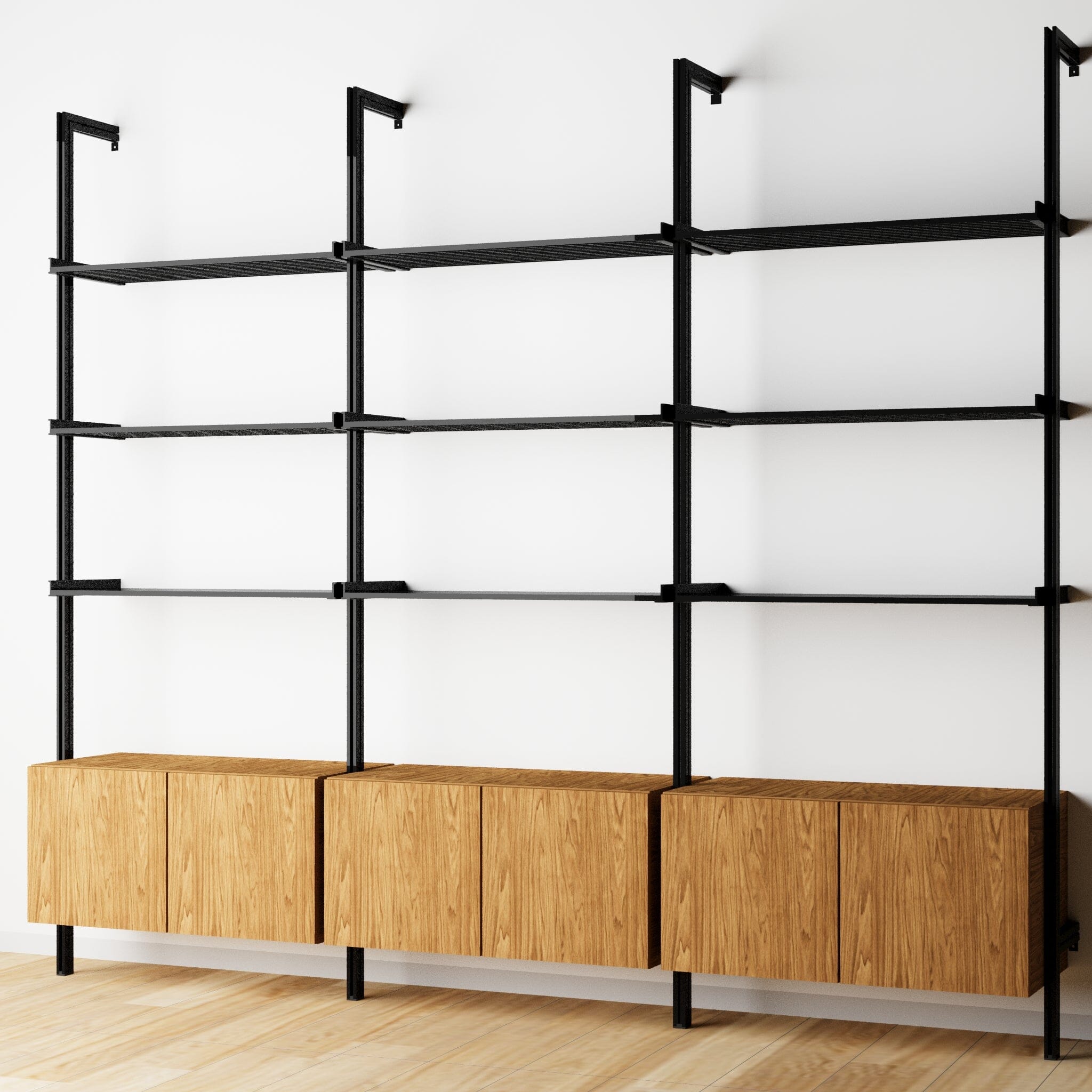 Modular Shelving Units - Aluminum Shelves + Wood Cabinets