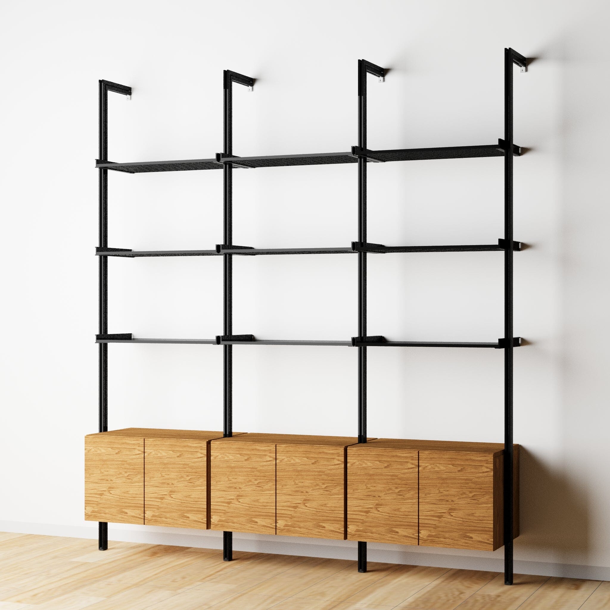 Modular Shelving Units - Aluminum Shelves + Wood Cabinets