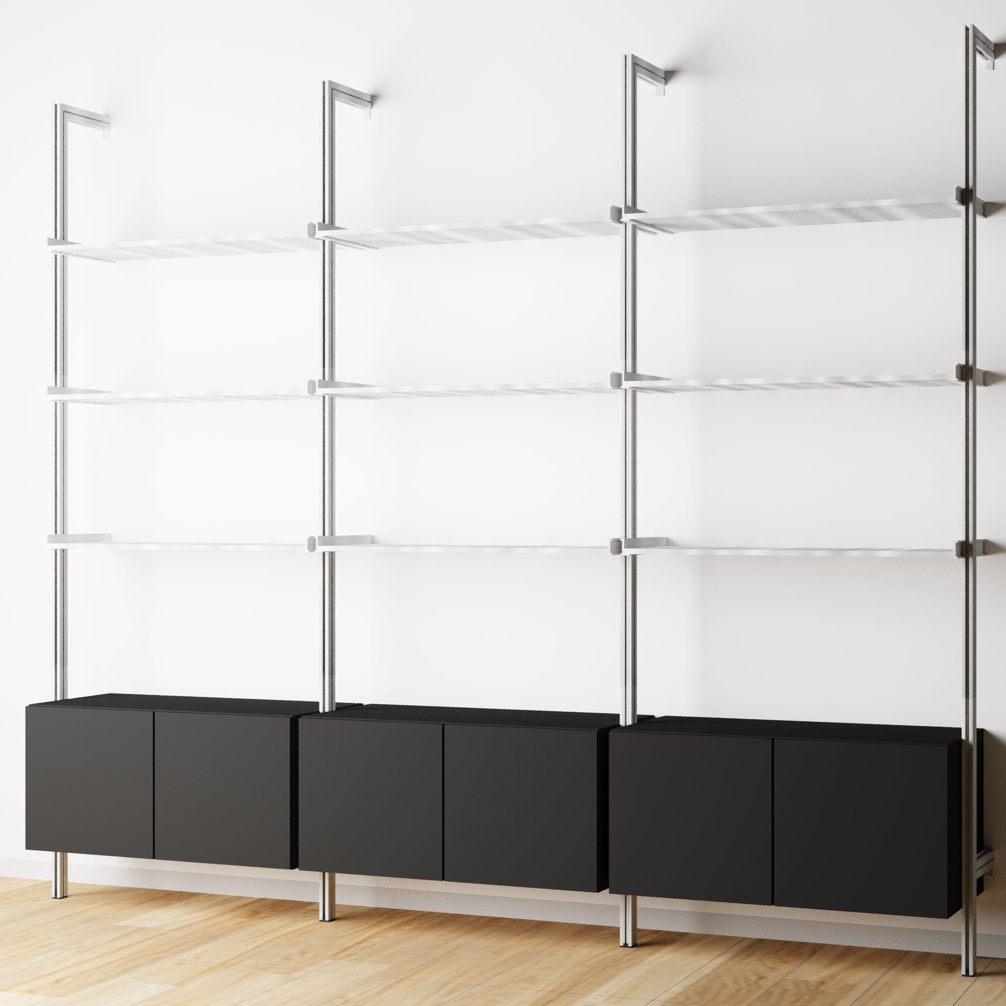 Modular Shelving Units - Aluminum Shelves + Wood Cabinets