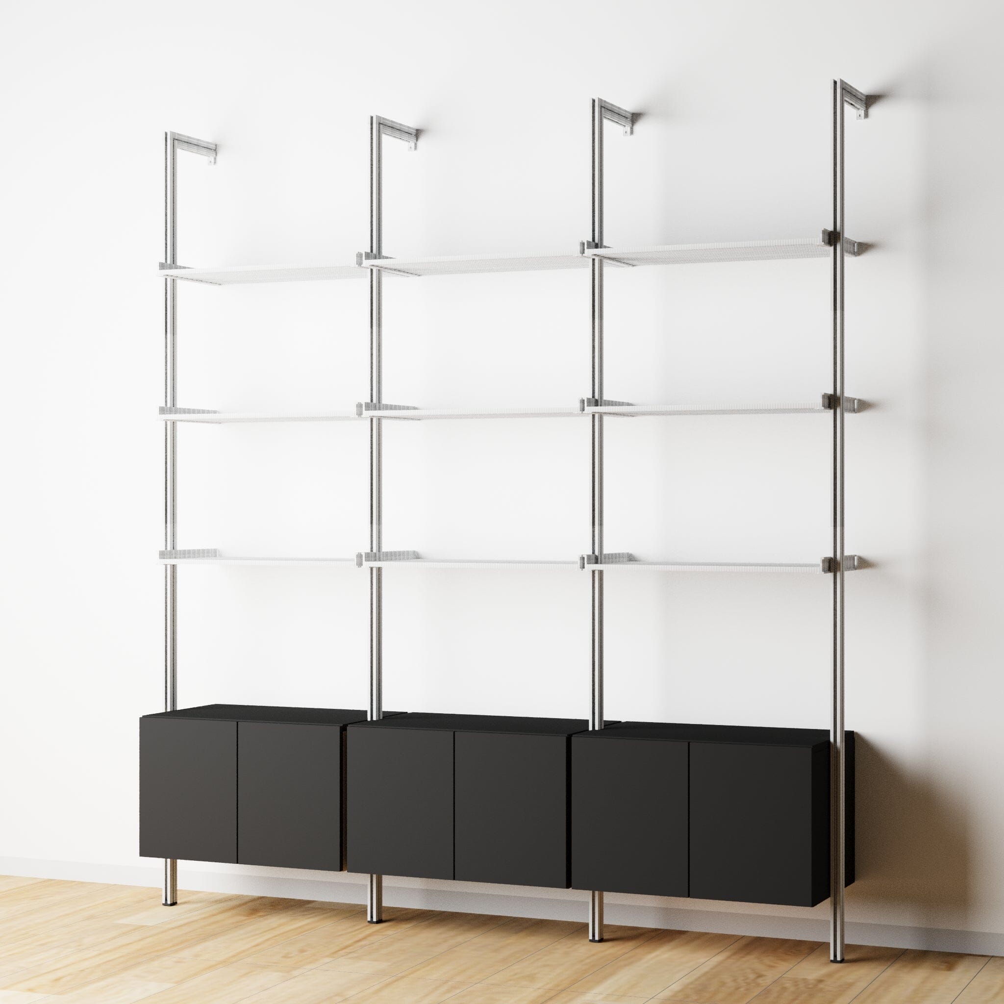 Modular Shelving Units - Aluminum Shelves + Wood Cabinets