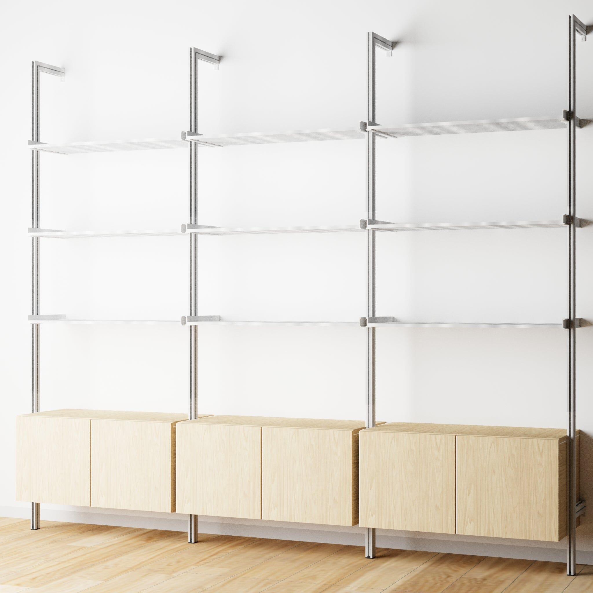 Modular Shelving Units - Aluminum Shelves + Wood Cabinets