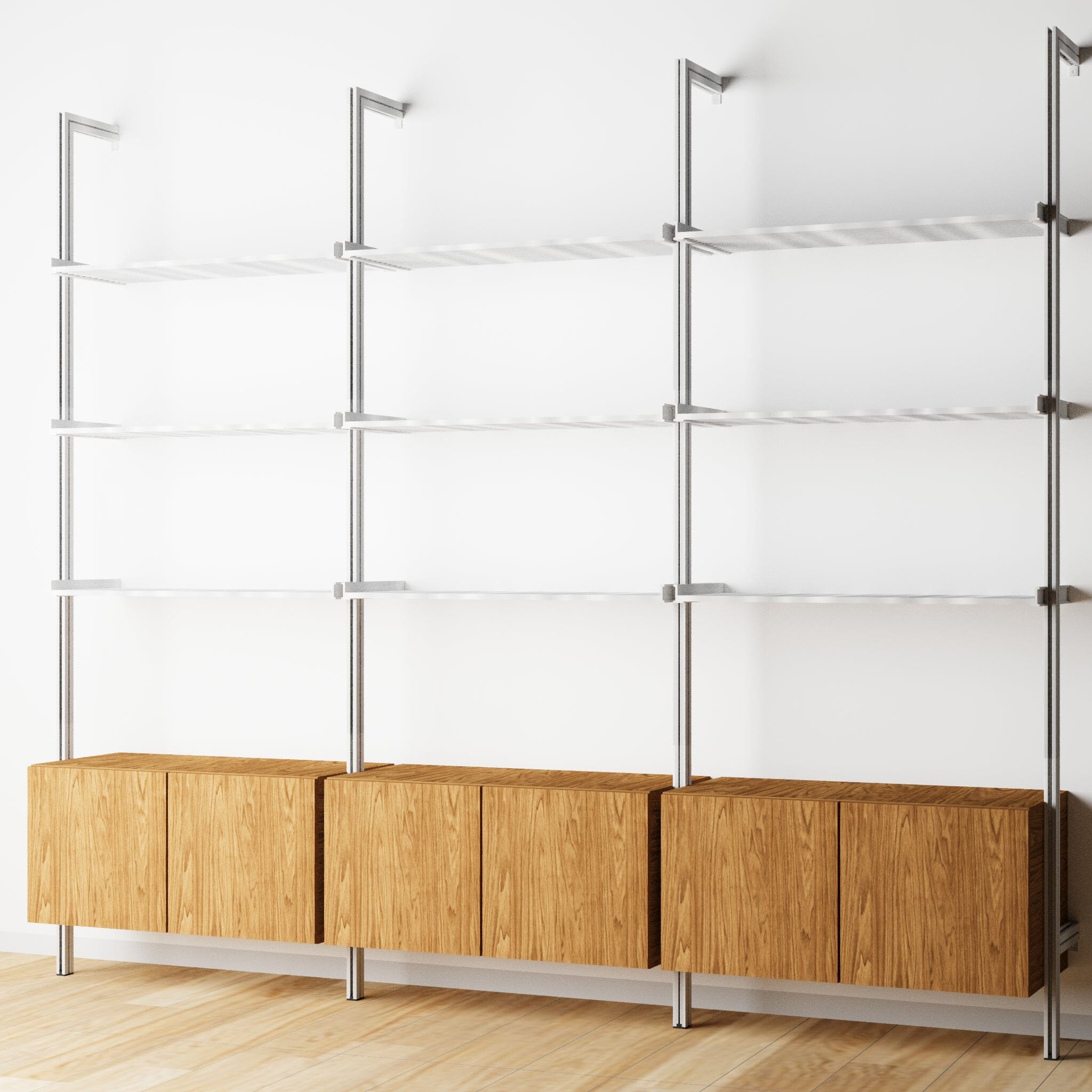 Modular Shelving Units - Aluminum Shelves + Wood Cabinets