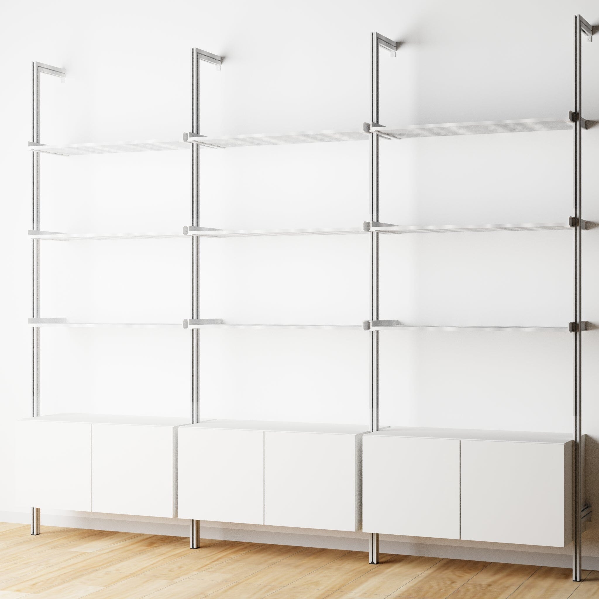 Modular Shelving Units - Aluminum Shelves + Wood Cabinets