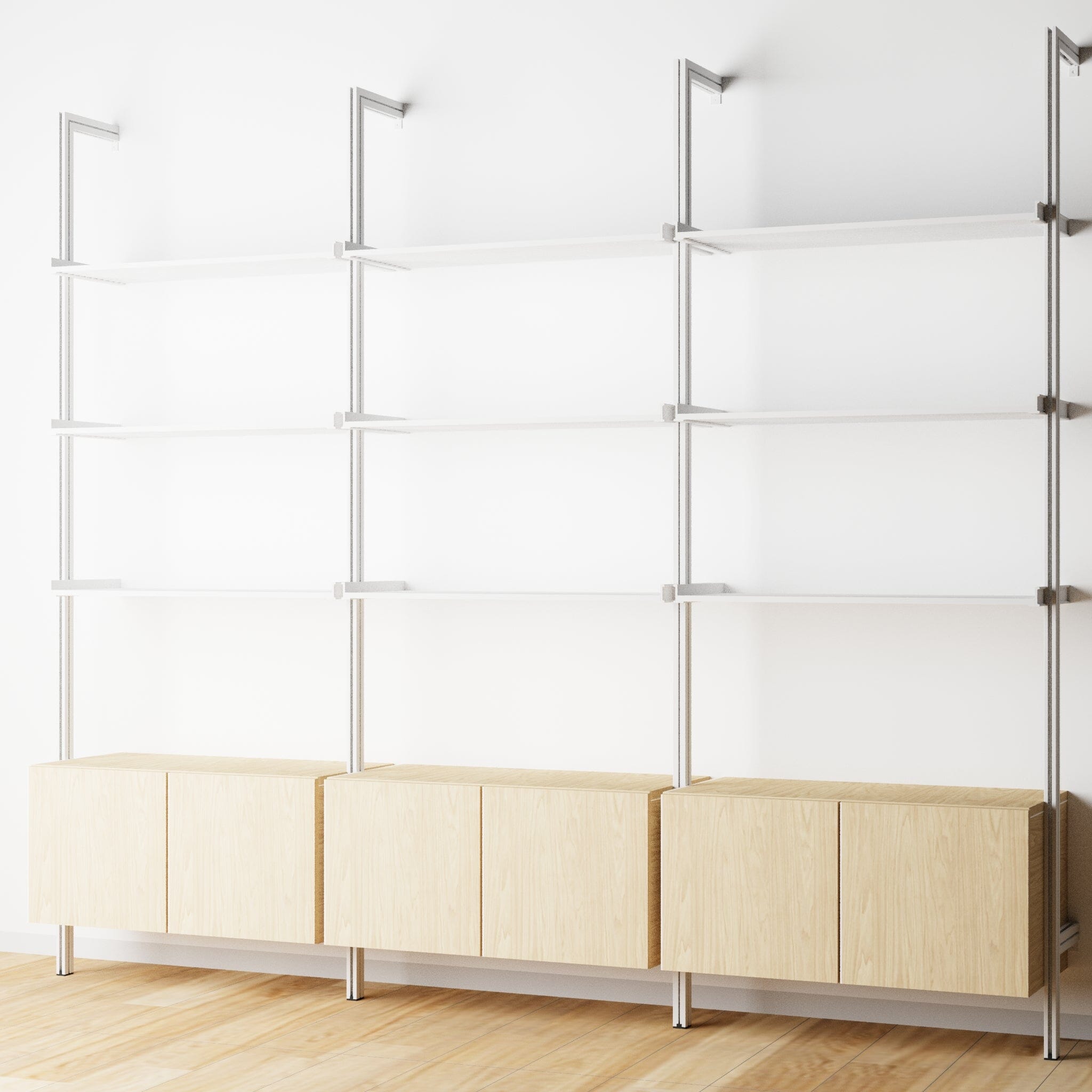 Modular Shelving Units - Aluminum Shelves + Wood Cabinets