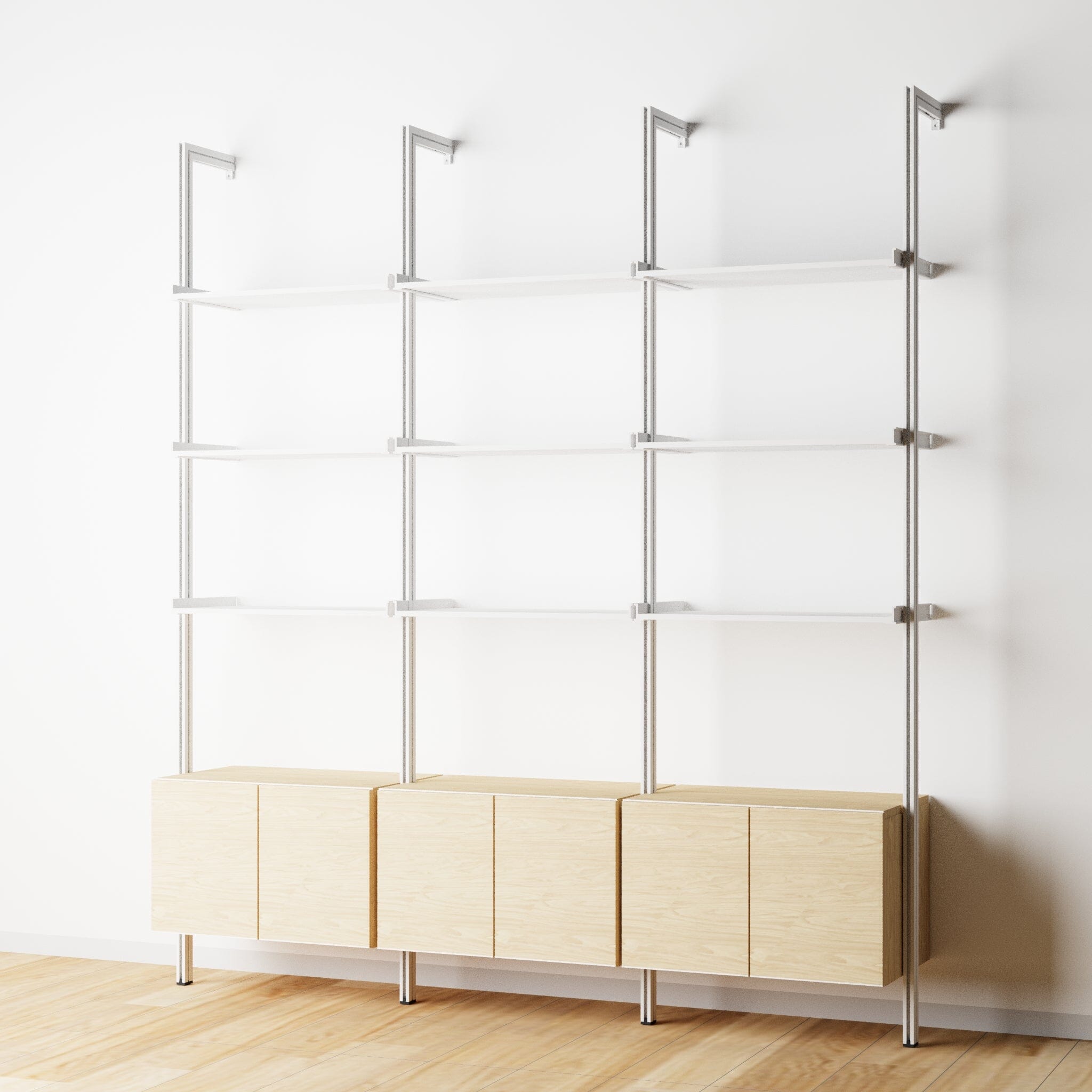 Modular Shelving Units - Aluminum Shelves + Wood Cabinets