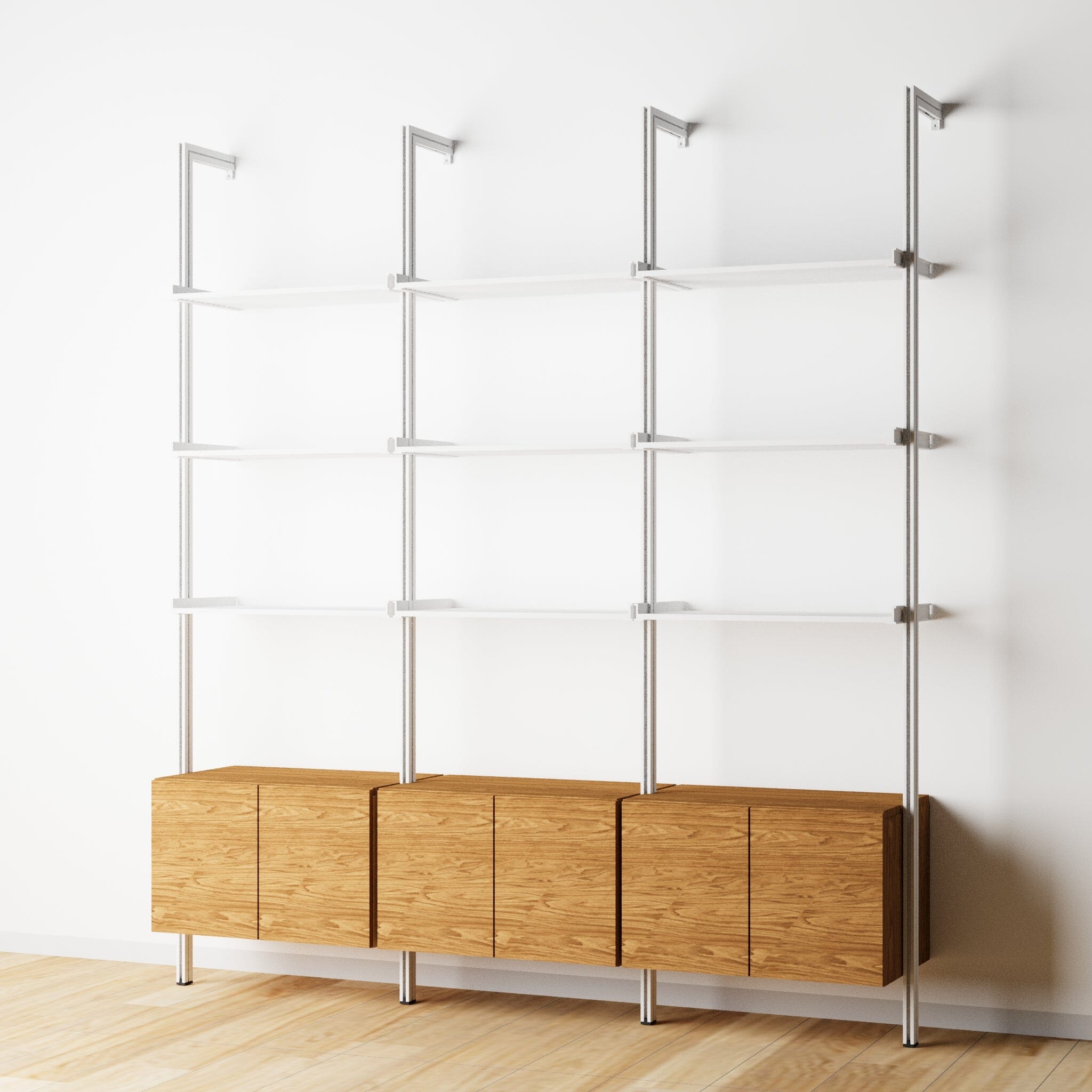 Modular Shelving Units - Aluminum Shelves + Wood Cabinets