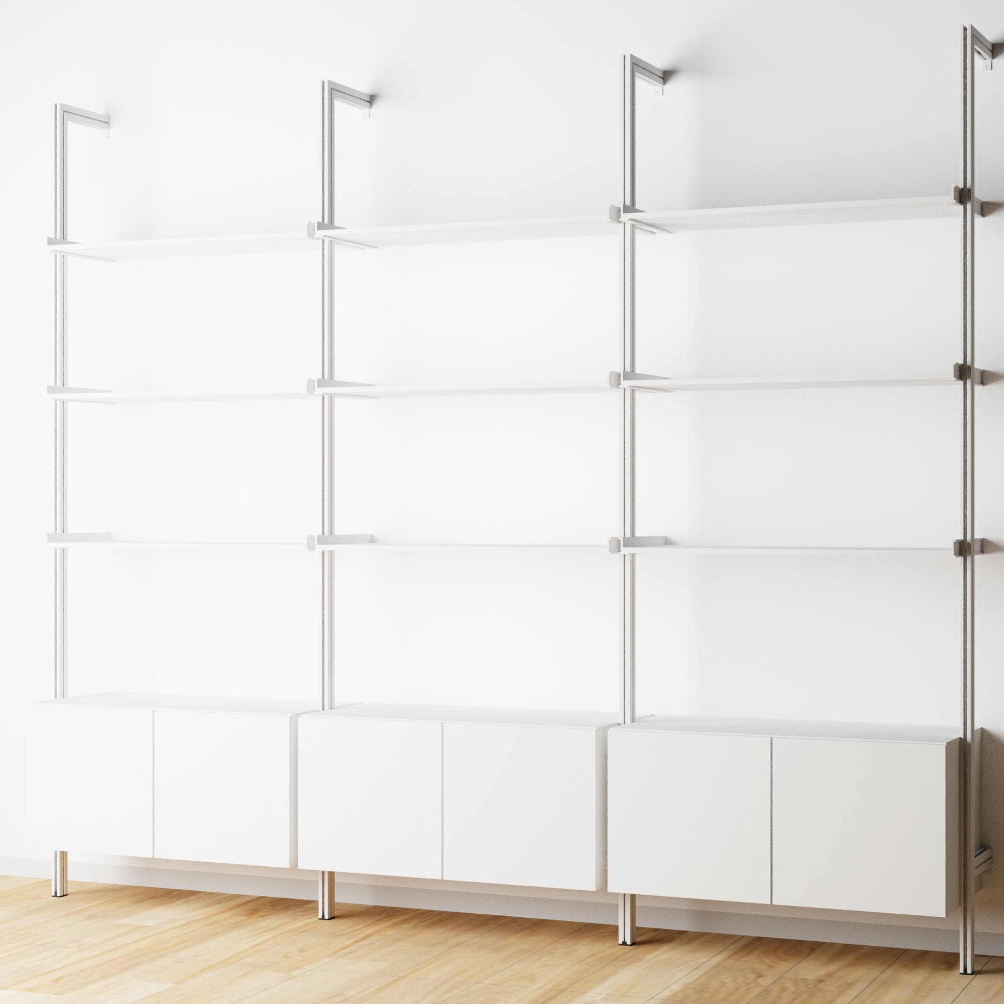 Modular Shelving Units - Aluminum Shelves + Wood Cabinets