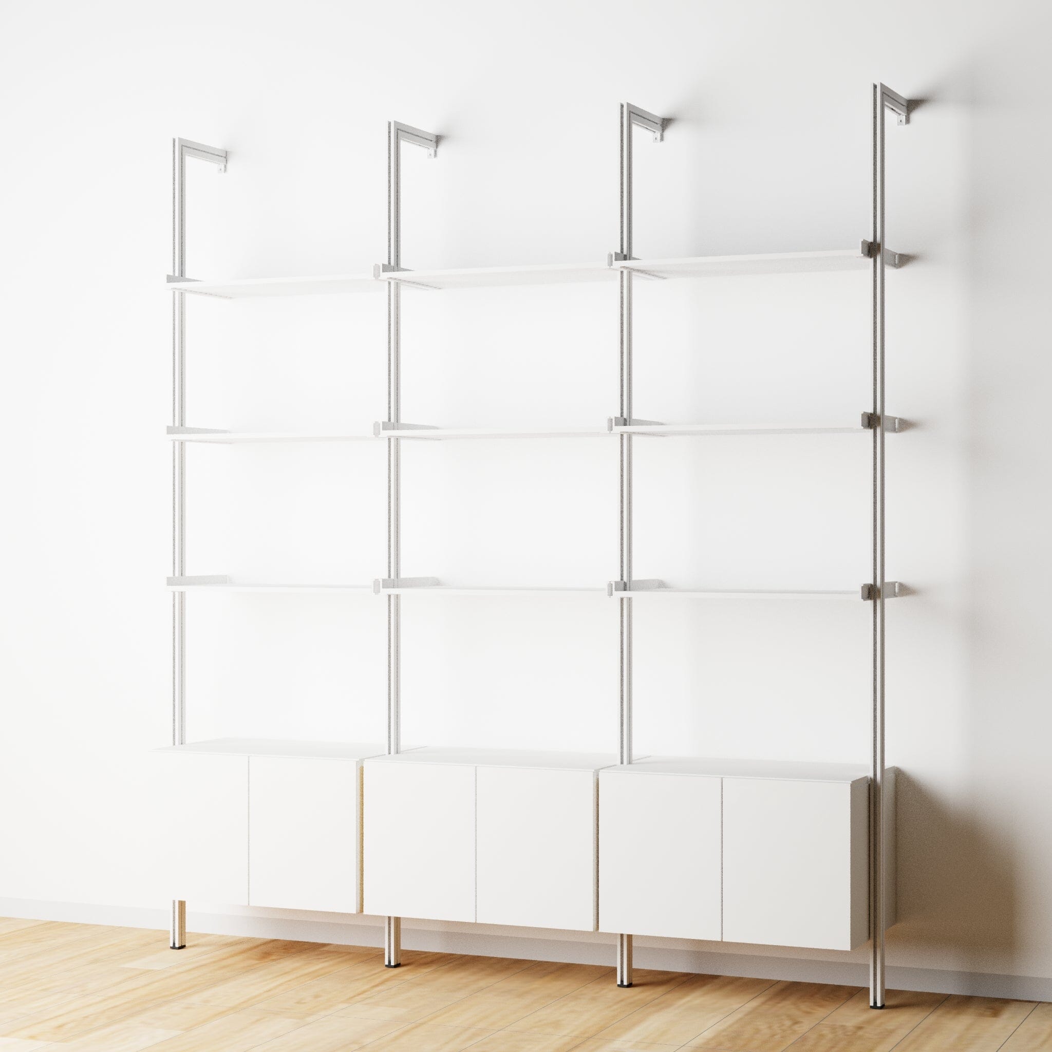 Modular Shelving Units - Aluminum Shelves + Wood Cabinets