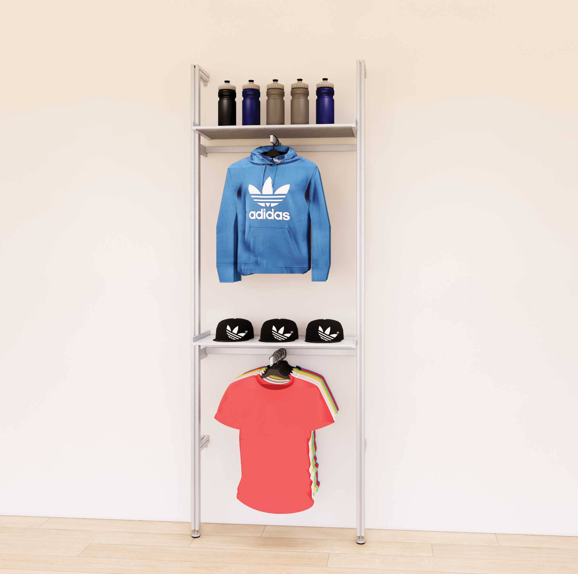 Retail Display Shelving Units with Front Hanging Hangers + Shelves