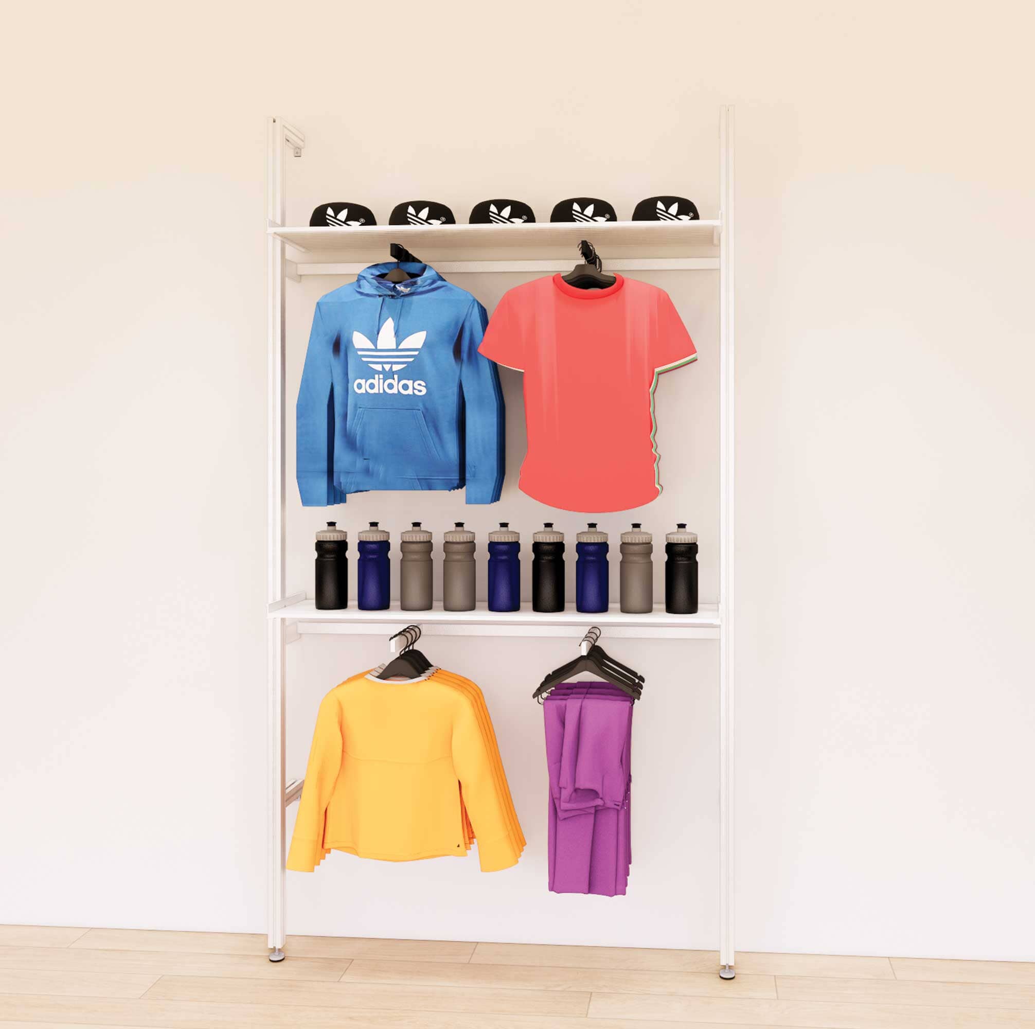 Retail Display Shelving Units with Front Hanging Hangers + Shelves