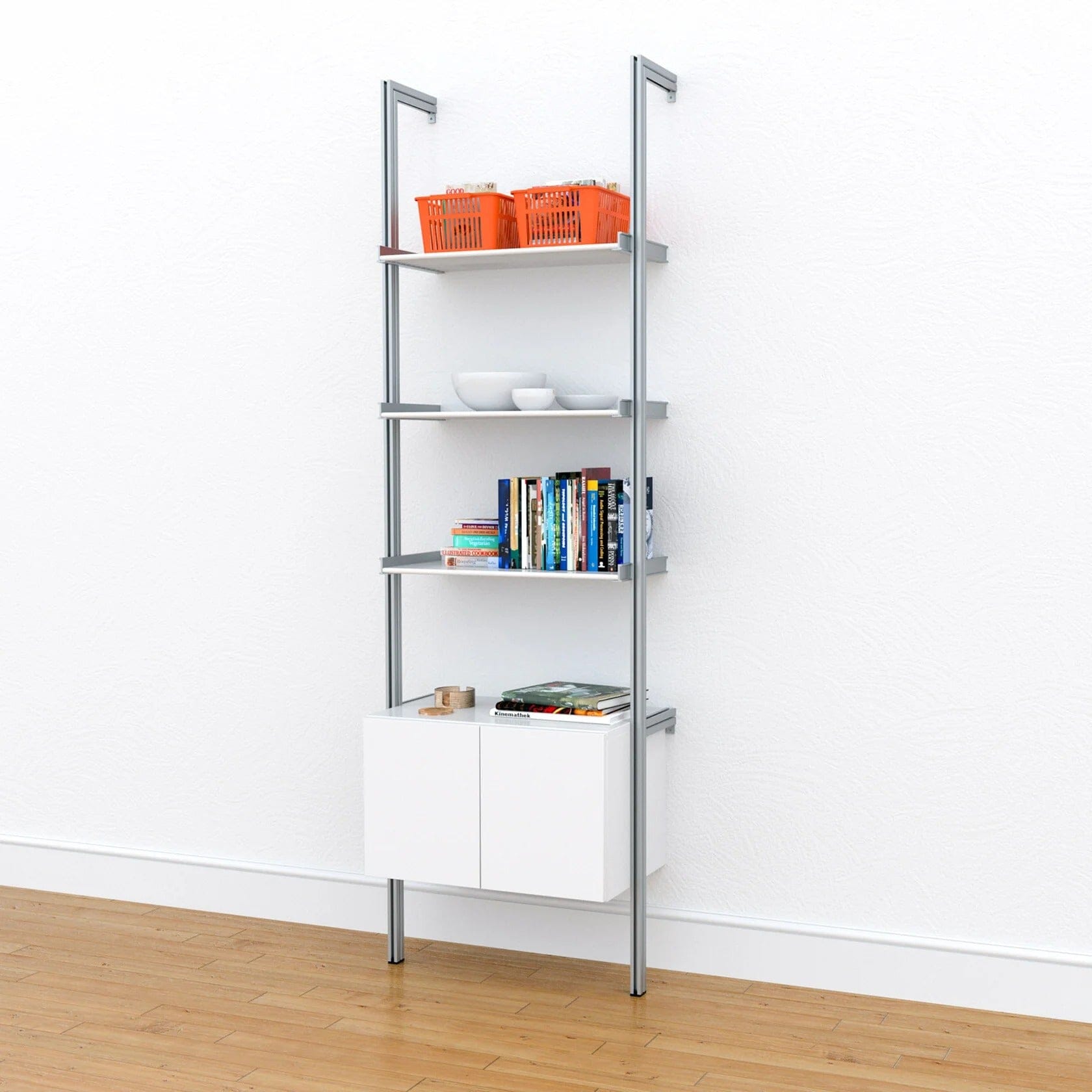 Modular Shelving Units - Aluminum Shelves + Wood Cabinets